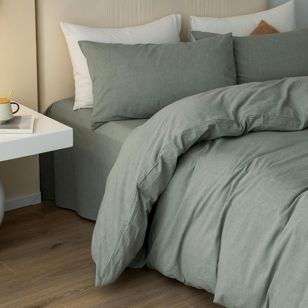 JIYUAN Alaska King Duvet Cover Set, 3-Piece - 100% Washed Cotton, Linen-Like Soft & Breathable with Zipper Closure, Includes 132x120 Inch Cover & 2 Pillowcases, Heathered Green