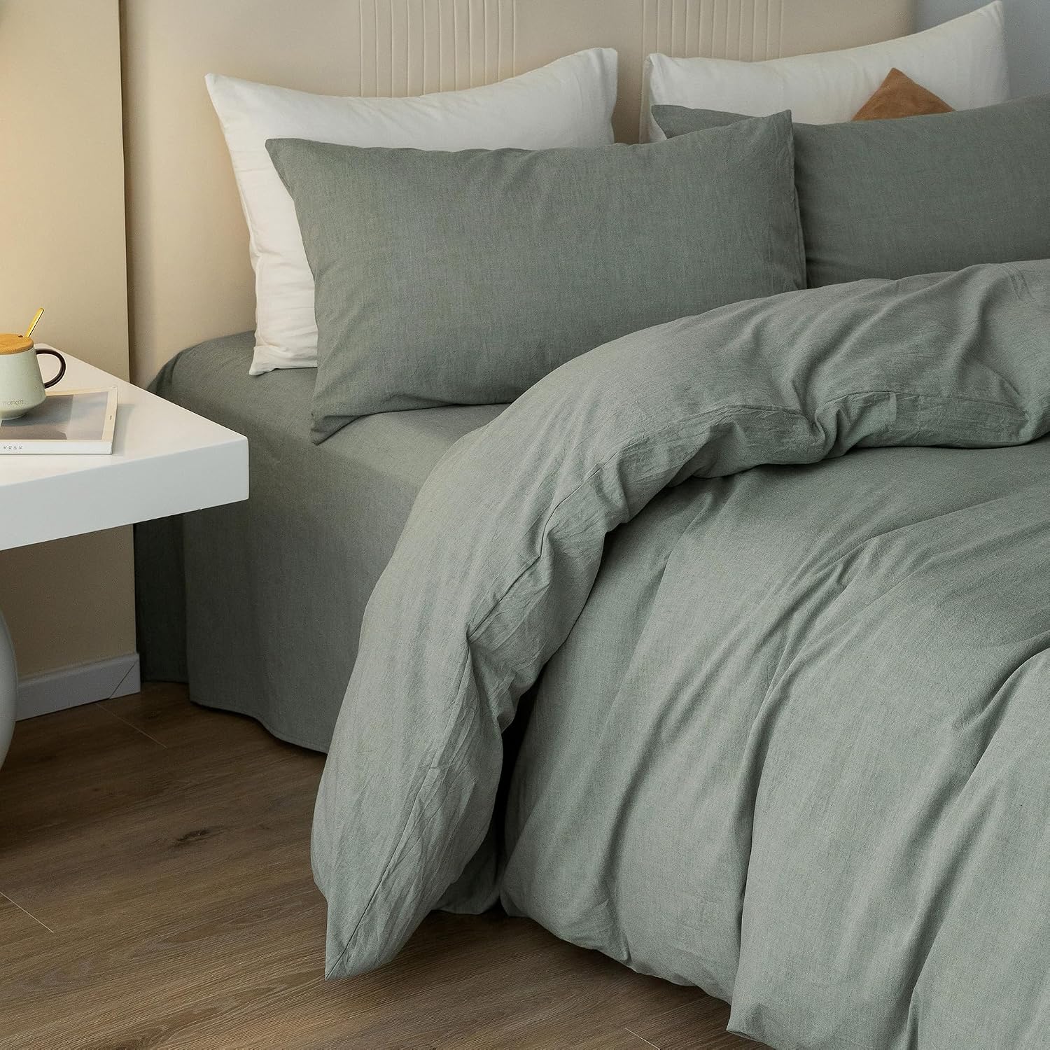 JIYUAN Alaska King Duvet Cover Set, 3-Piece - 100% Washed Cotton, Linen-Like Soft & Breathable with Zipper Closure, Includes 132x120 Inch Cover & 2 Pillowcases, Heathered Green