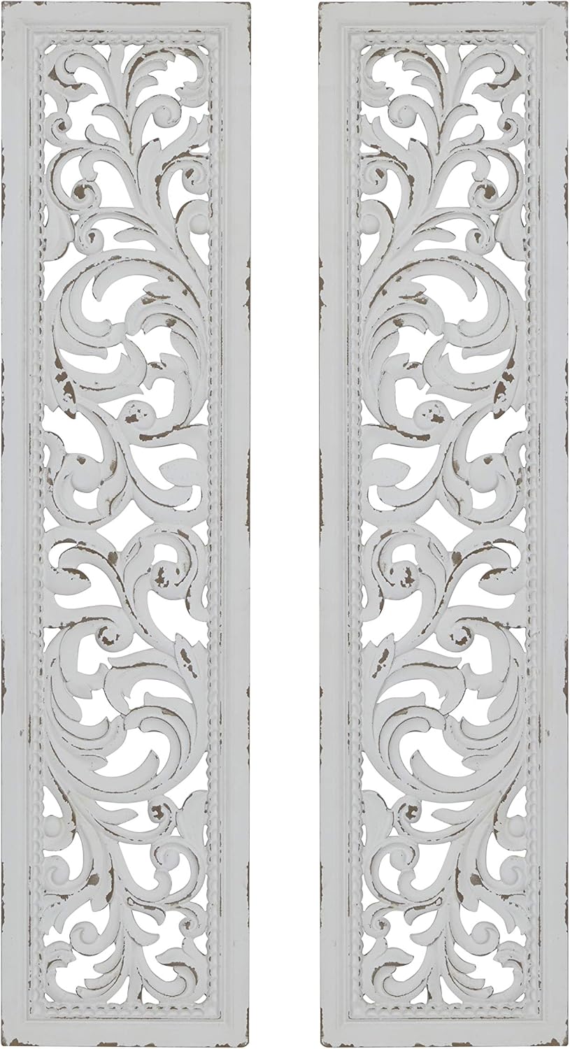 Deco 79 Wood Floral Home Wall Decor Intricately Carved Scroll Wall Sculpture, Set of 2 Wall Art 12'W, 50'H, White