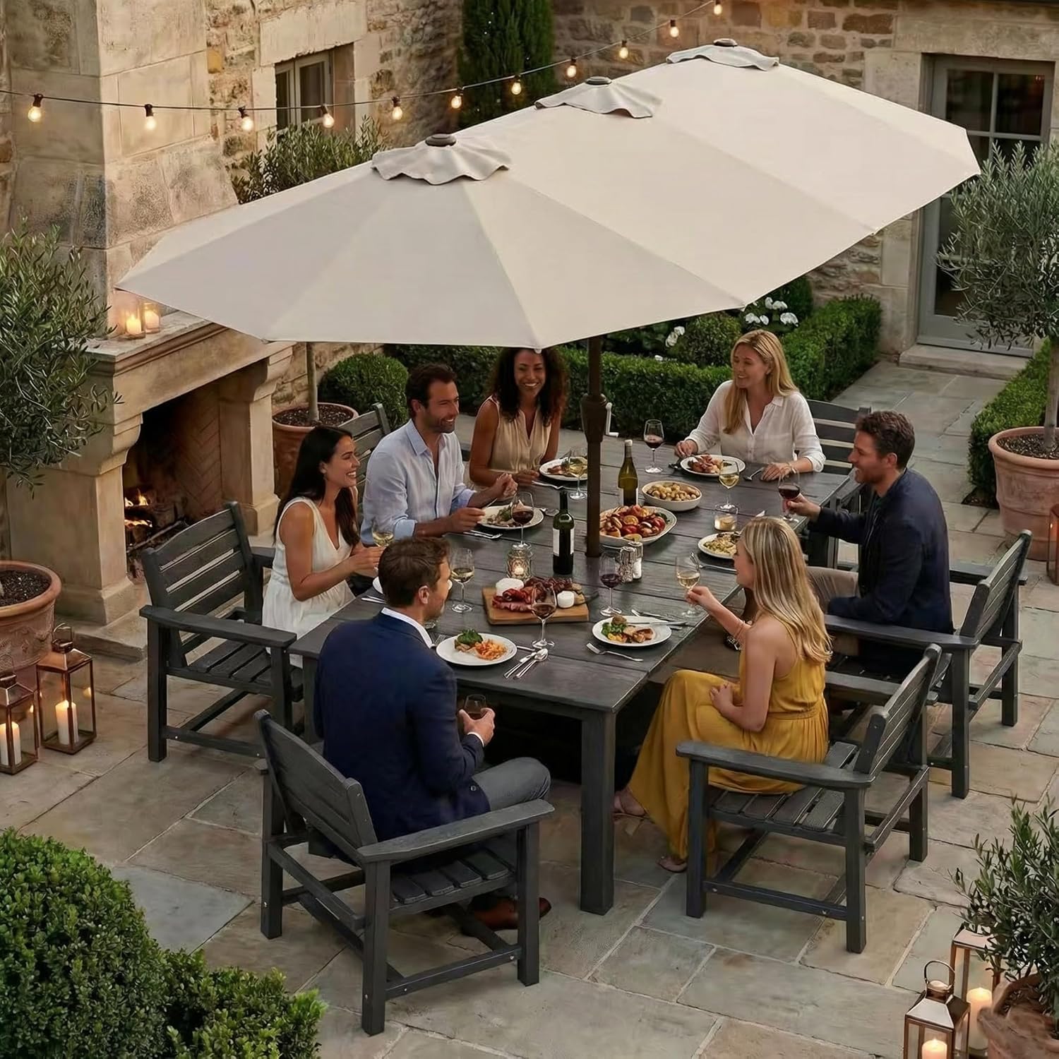 Kingdura 15ft Large Patio Umbrella with Base Included, Double-Sided Rectangle Outdoor Table Umbrella with 12 Reinforced Ribs, Crank Lift for Market Pool Deck Backyard, Beige