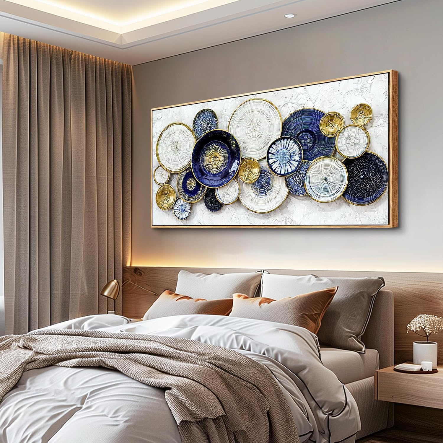 JUDASJART Large Wall Decor For Living Room Canvas Wall Art For Office Modern Wall Decorations For Bedroom Blue Swirl Gold Trim Landscape Painting Abstract Pictures Artwork Room Home Decor 24x48 In