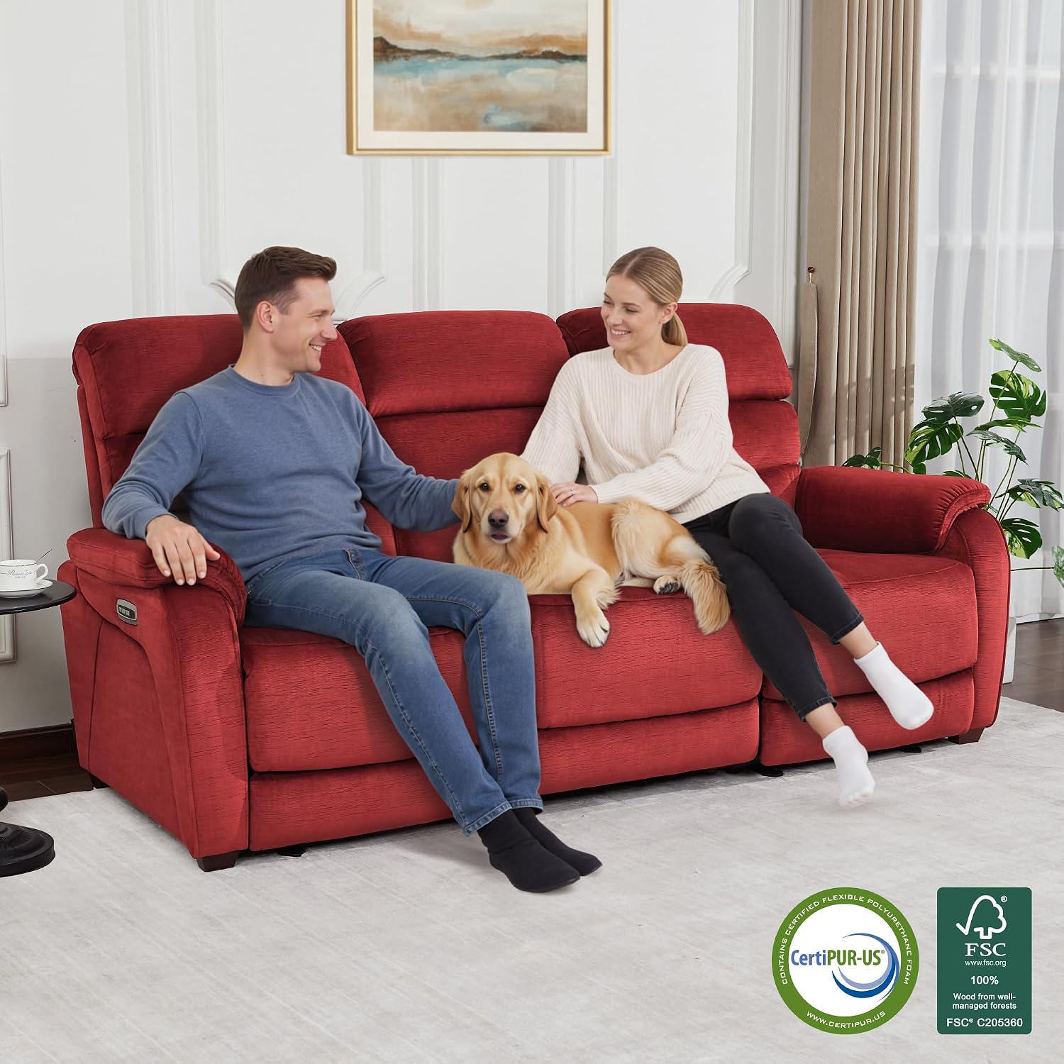 MCombo 87.2'' Wall Hugger Power Recliner Sofa with Drop Down Table, Reclining Sofa with Adjustable Headrest, USB Charge Ports, Reading Lamp, for Living Room, RVs, Fabric, ST258M3 (3-Seater, Burgundy)