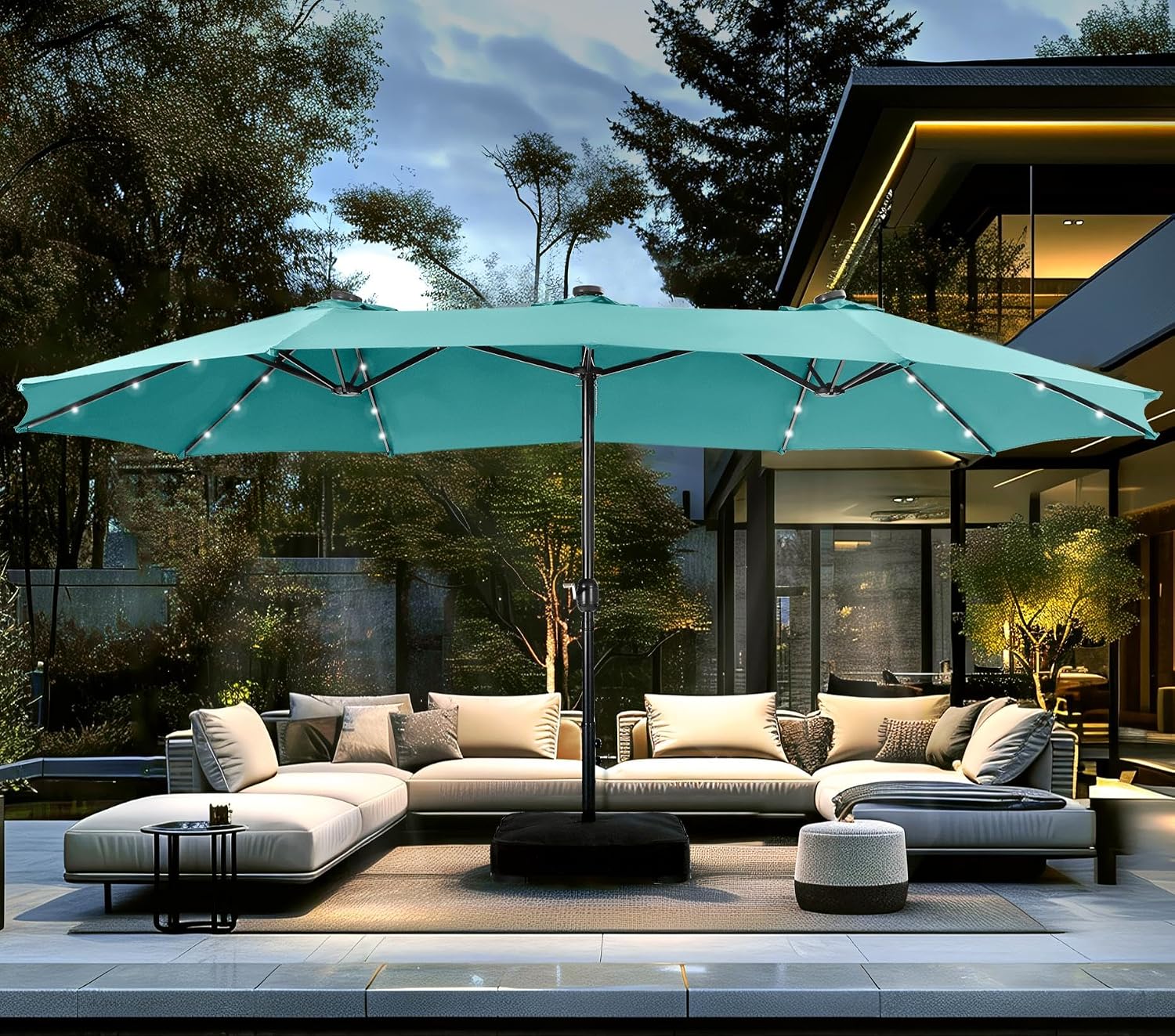 PHI VILLA 15ft Large Patio Umbrella with Solar Lights, Double-Sided Outdoor Market Rectangle Umbrellas with 36 LED Lights, Umbrella Base (Stand) Included, Turquois