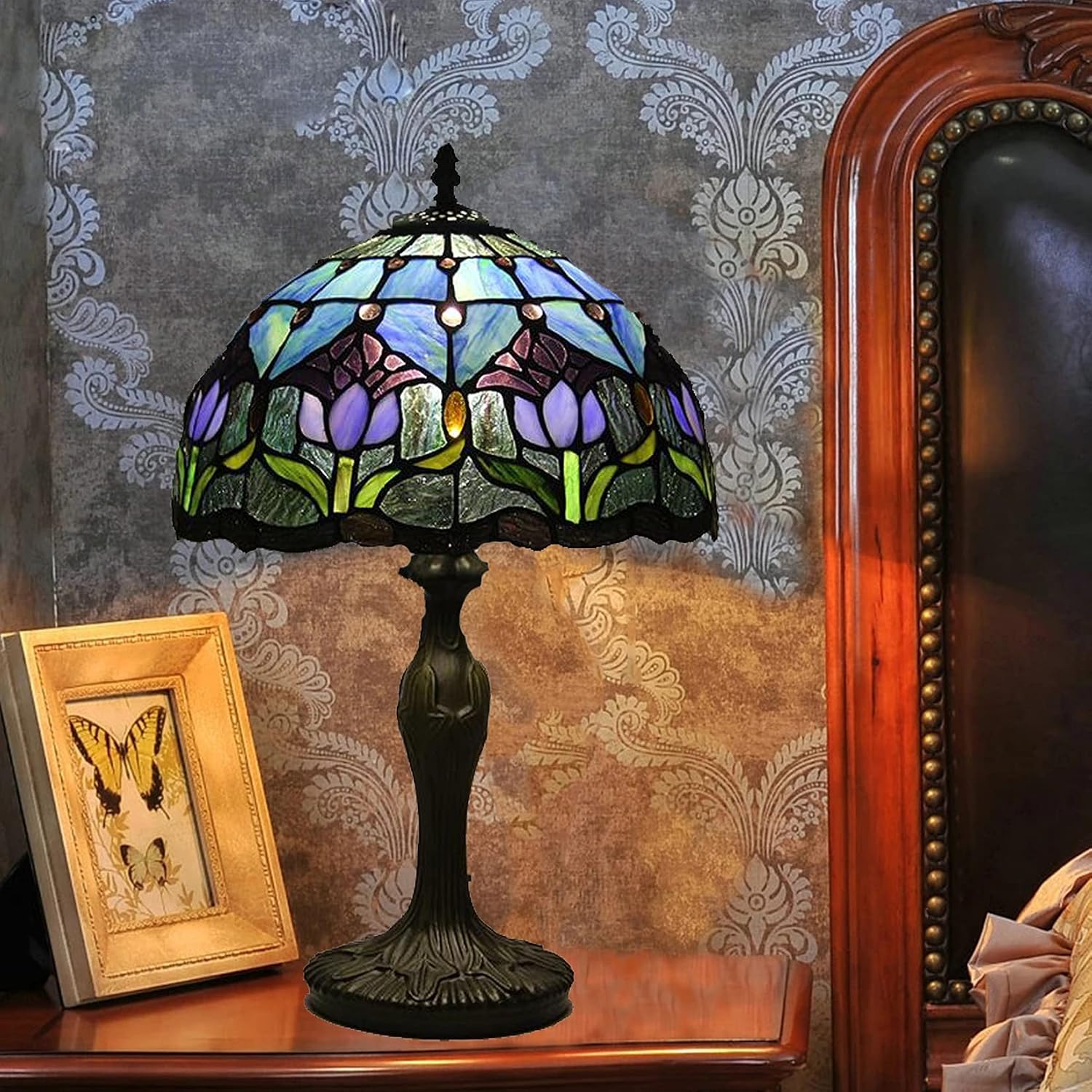 Tiffany Style Table Lamp Stained Glass Lamp Shade Purple Tulip Flower Reading Desk Light 12 Inches for Bedroom Study Living Room Office