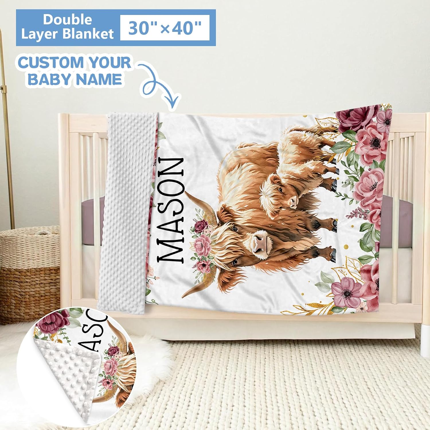 KAINSY Personalized Baby Bedding Set, 5 Pcs Custom Baby Crib Set with Name, Soft Flannel Highland Cow Crib Bedding Set for Girls, Double Layer Nursery Bedding Set, New Parents Toddlers Infants Gift