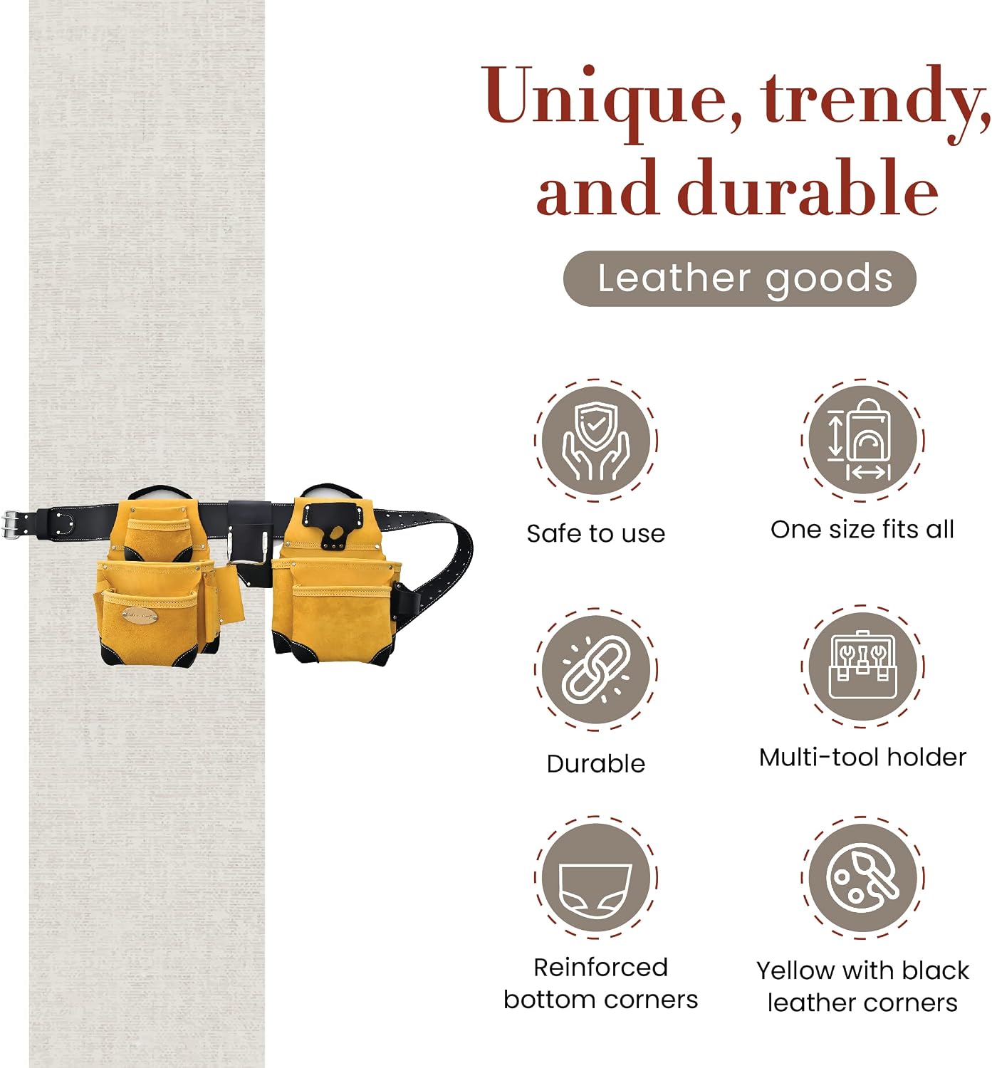 Style n Craft 4-Piece and 17-Pocket Pro Framer's Combo, Tool Belt with 2 Tool Pouches and 1 Pliers and Hammer Holder, Full-Grain Leather Tool Belt Combo, Yellow with Black Leather Corners (93414)
