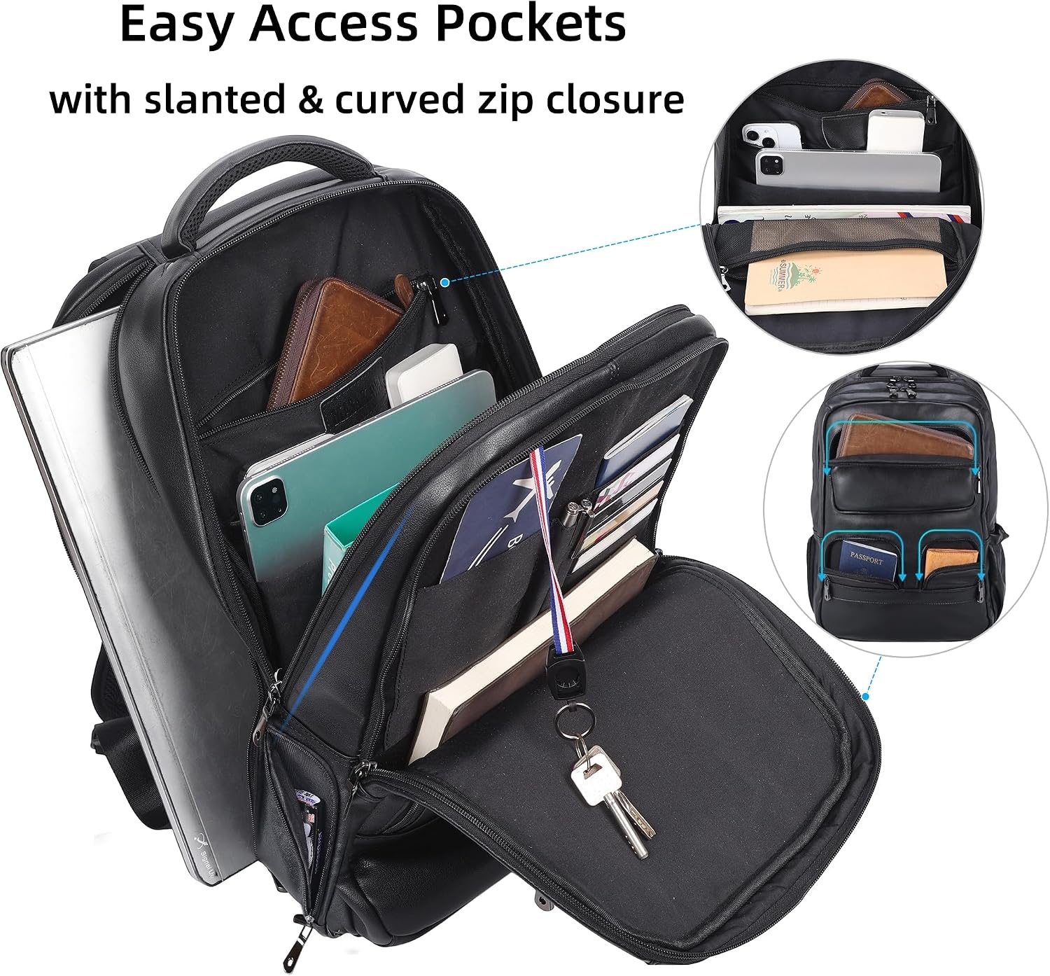 Masa Kawa Black Genuine Leather 17' Laptop Backpack for Men Large Summer Business Travel Rucksack Bag Overnight Daypack
