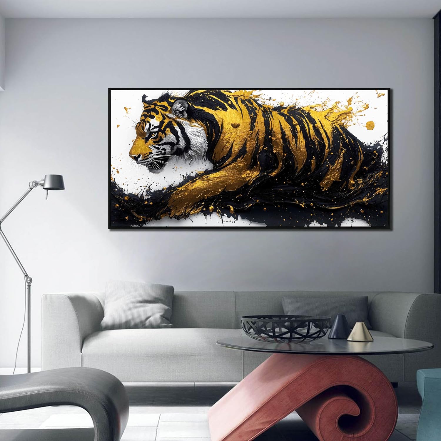 Tiger Art Wall Decor for Living Room - Modern Black and Gold Wall Decor for Bedroom - Large Framed Wall Art for Office Size 29' x 59'
