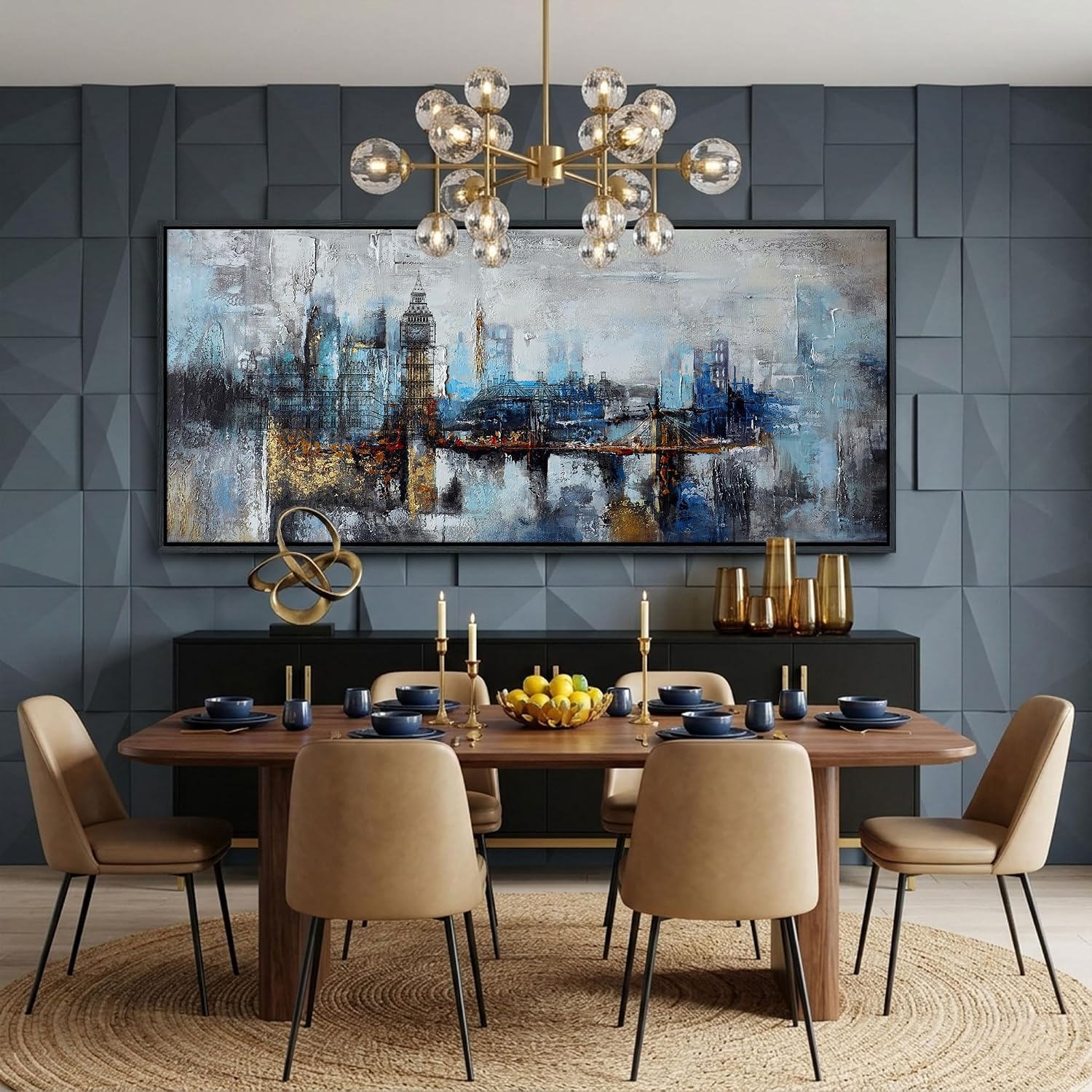 Large Wall Art for Bedroom Abstract City View Canvas Art Gray Blue Buildings Prints for Bedroom Wall Art Office Artwork Wall Decor for Living Room Decor 31x70 inches Black Framed