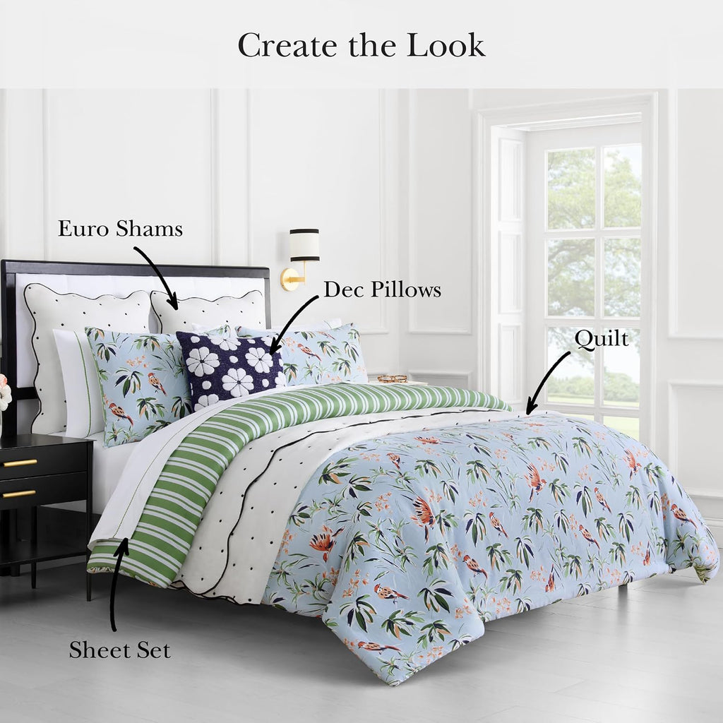 kate spade new york Bird Garden King Comforter Set, 300 Thread Count Cotton Reversible Cover, All Season 3 Piece Bedding, Machine Washable, Floral Multicolor