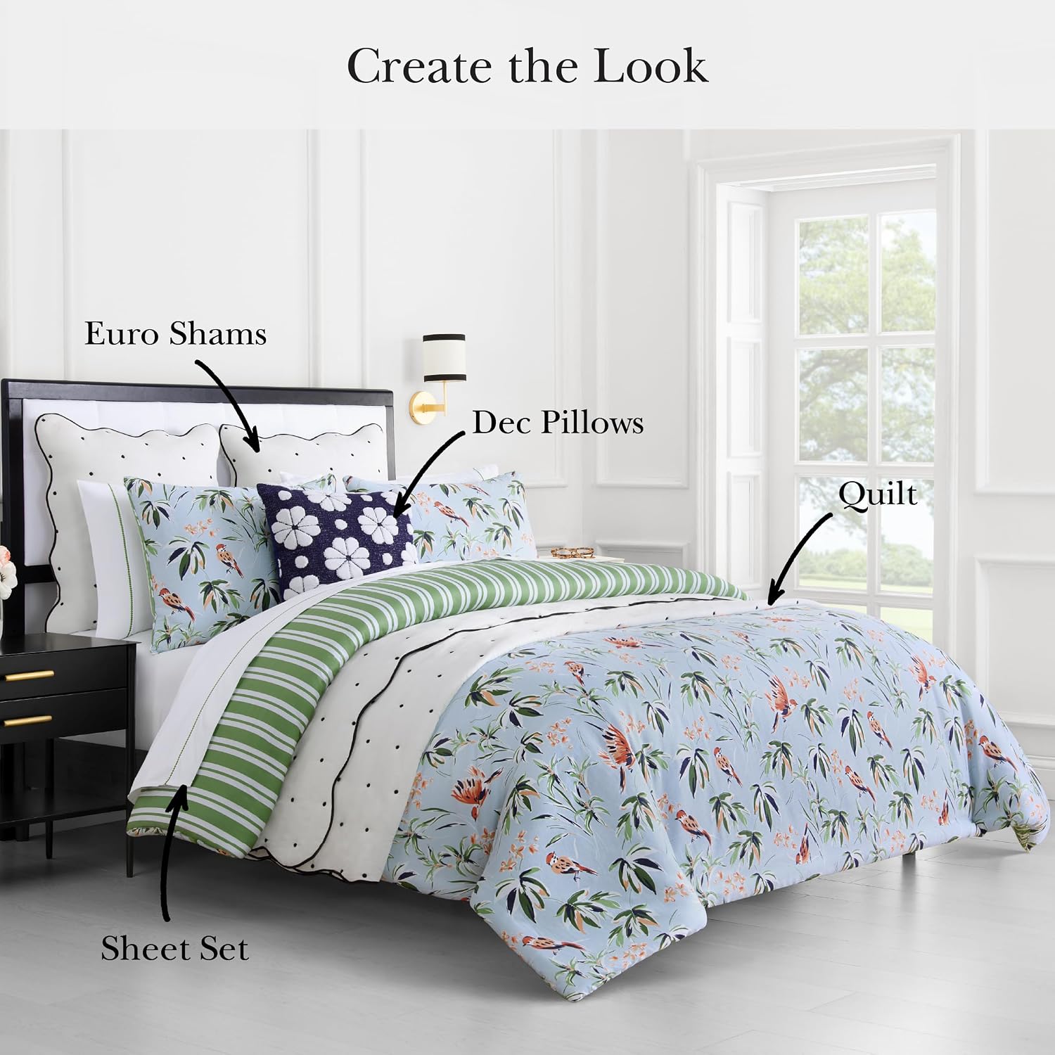 kate spade new york Bird Garden King Comforter Set, 300 Thread Count Cotton Reversible Cover, All Season 3 Piece Bedding, Machine Washable, Floral Multicolor