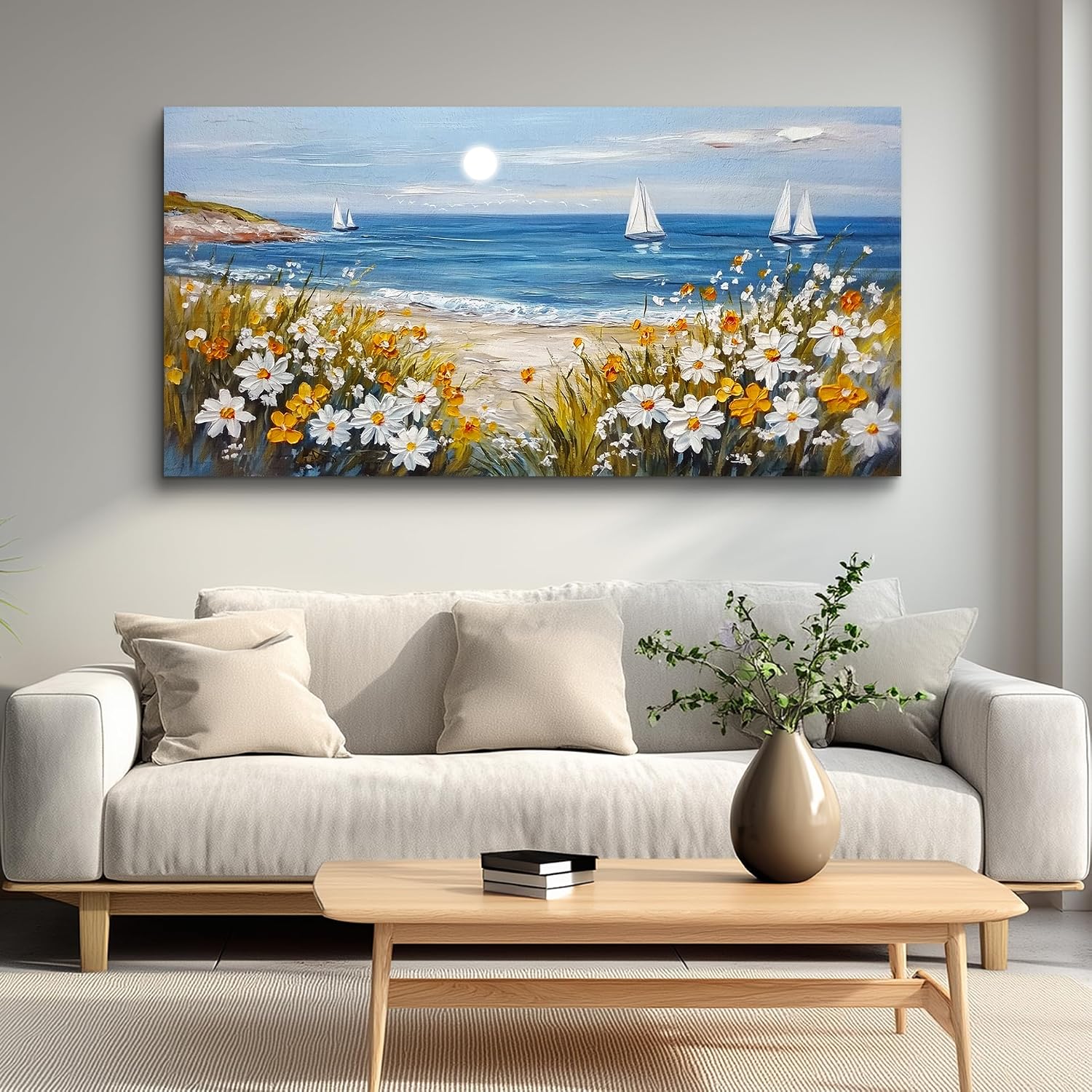 KELIYUAN Large Vintage Landscape Painting Home Decor Blue Ocean Beach Painting Living Room Decorative Wall Art Modern Print Canvas White Flowers Farmhouse Office Bedroom Wall Decor 30 X 60 Inches
