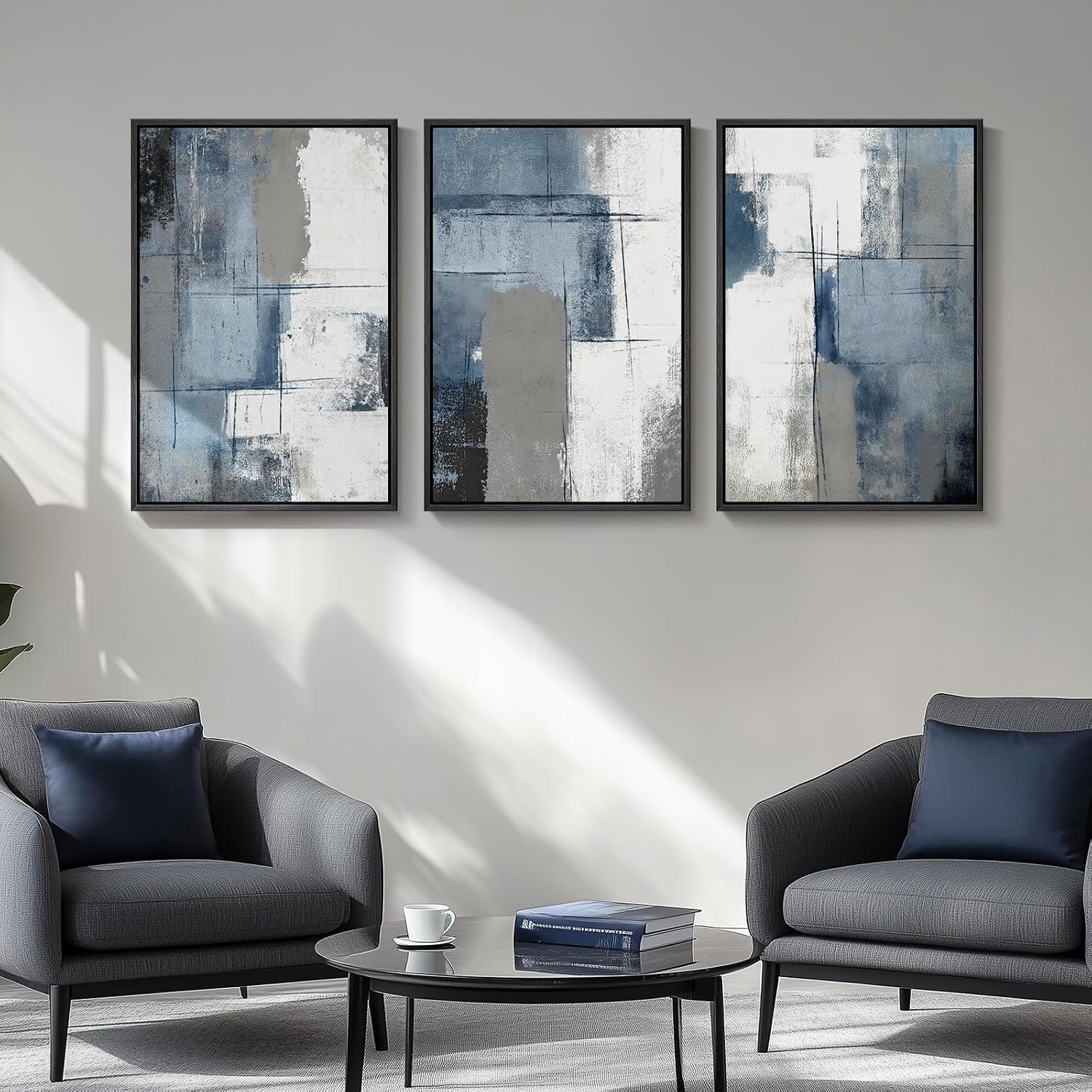 Large Framed Blue and Grey Abstract Wall Art, 3 Piece Modern Canvas Prints Paintings Artwork for Walls, Minimalist Abstract Block Pictures for Living Room Entryway Hallway Bedroom Wall Decor 20x30 In
