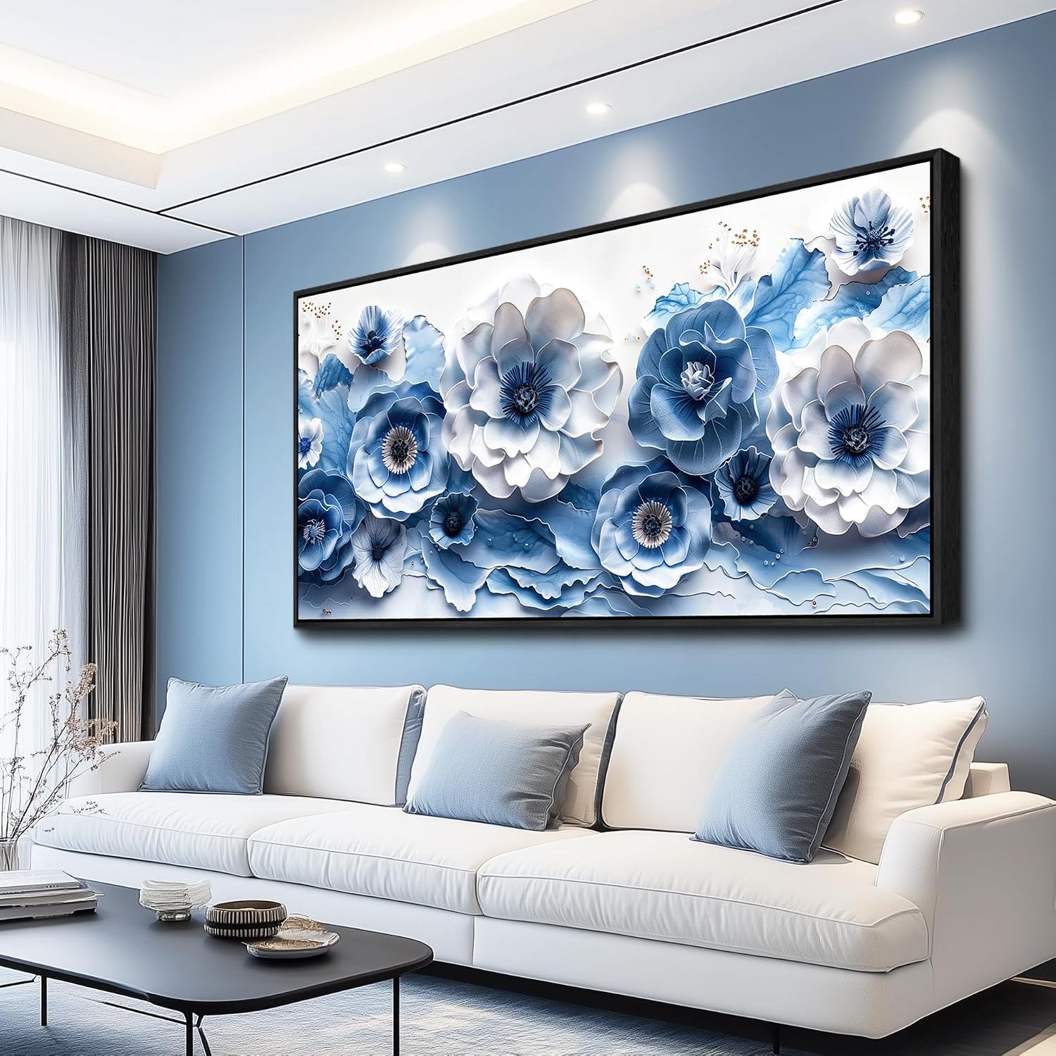 XIGUANGART Large Flower Prints Wall Art for Living Room Blue and White Paintings for Office Modern Black Framed Artwork Floral Pictures Wall Decoration for Bedroom Kitchen Women Aesthetic Home Decor