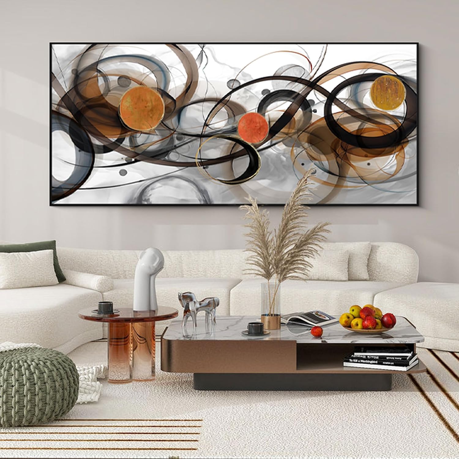 XLSJERST Wall Art for Living Room - Extra Large 86x39 Inches Orange Abstract Canvas Wall Decor Modern Black Fram Painting Oversize Artwork for Above Bed Office Home Decoration