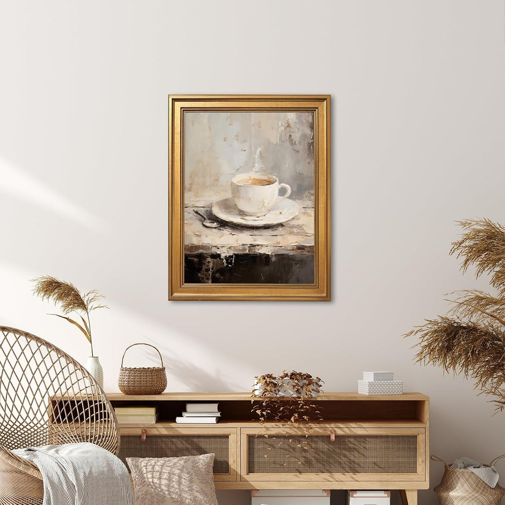 EQUEEN Vintage Coffee Cup Poster Kitchen Wall Art Farmhouse Wall Decor Rustic Painting Canvas Print For Kitchen Dining Room24x36inch Golden frame
