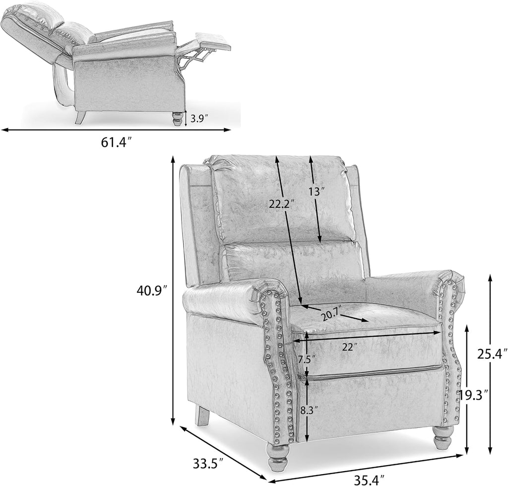 Pushback Recliner Chair, Faux Leather Wingback Recliner Chair, Upholstered Armchair Push Back Recliner with Wood Legs, Rivet Trim Single Sofa Accent Chair for Living Room, Bedroom, Black