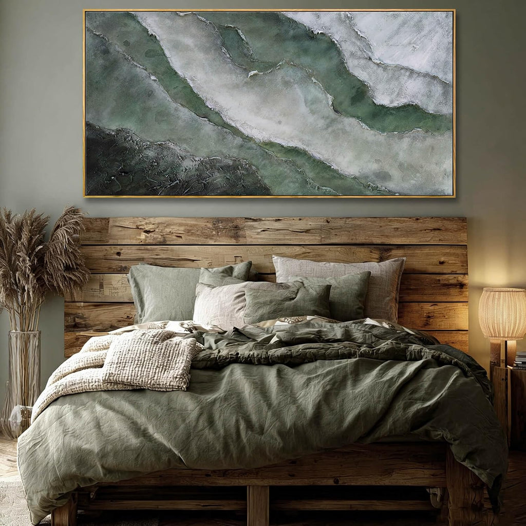 Green and White Abstract Wall Art 29x58 Inch, Large Framed Canvas Painting with Wooden Frame, Modern Abstract Wall Decor for Living Room Bedroom Dining Room or Office
