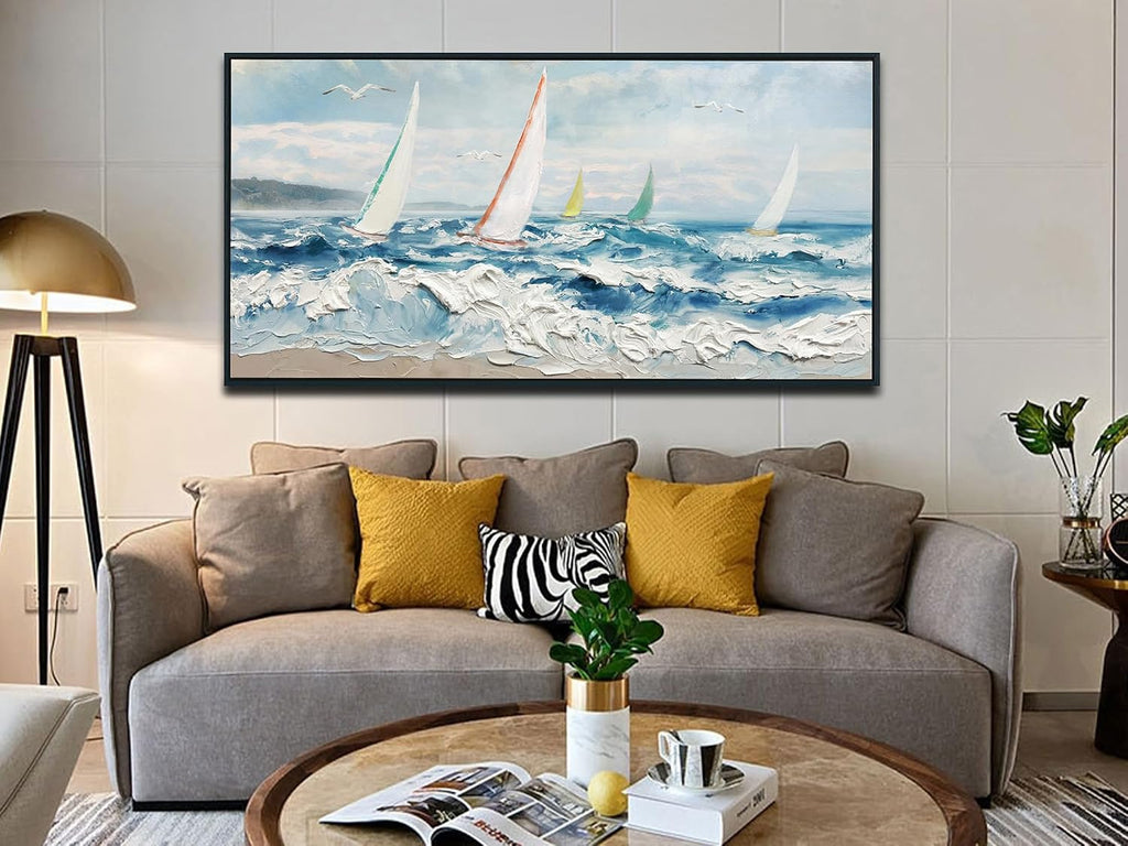 Enartly Extra 3D Textured Waves Sailboat Framed Wall Art, Ocean Coastal Beach Canvas Painting Nautical Artwork for Living Room Bedroom Dining Room Home Office Wall Decor, 58'x29'