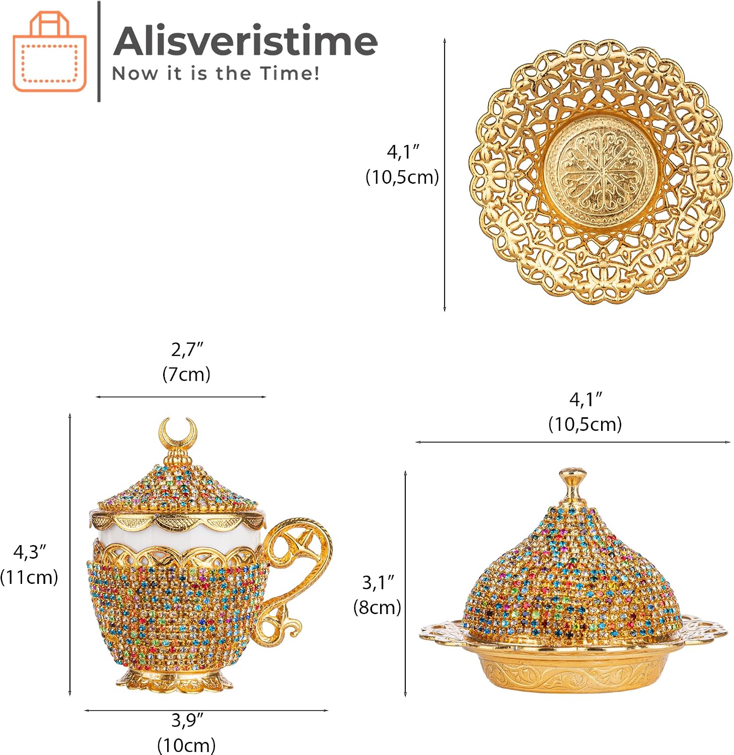 Alisveristime 27 Pc Ottoman Turkish Greek Arabic Coffee Espresso Serving Cup Saucer Crystal Set (Gelincik) - Handcrafted Traditional Set with Hilal Motifs (Mix)