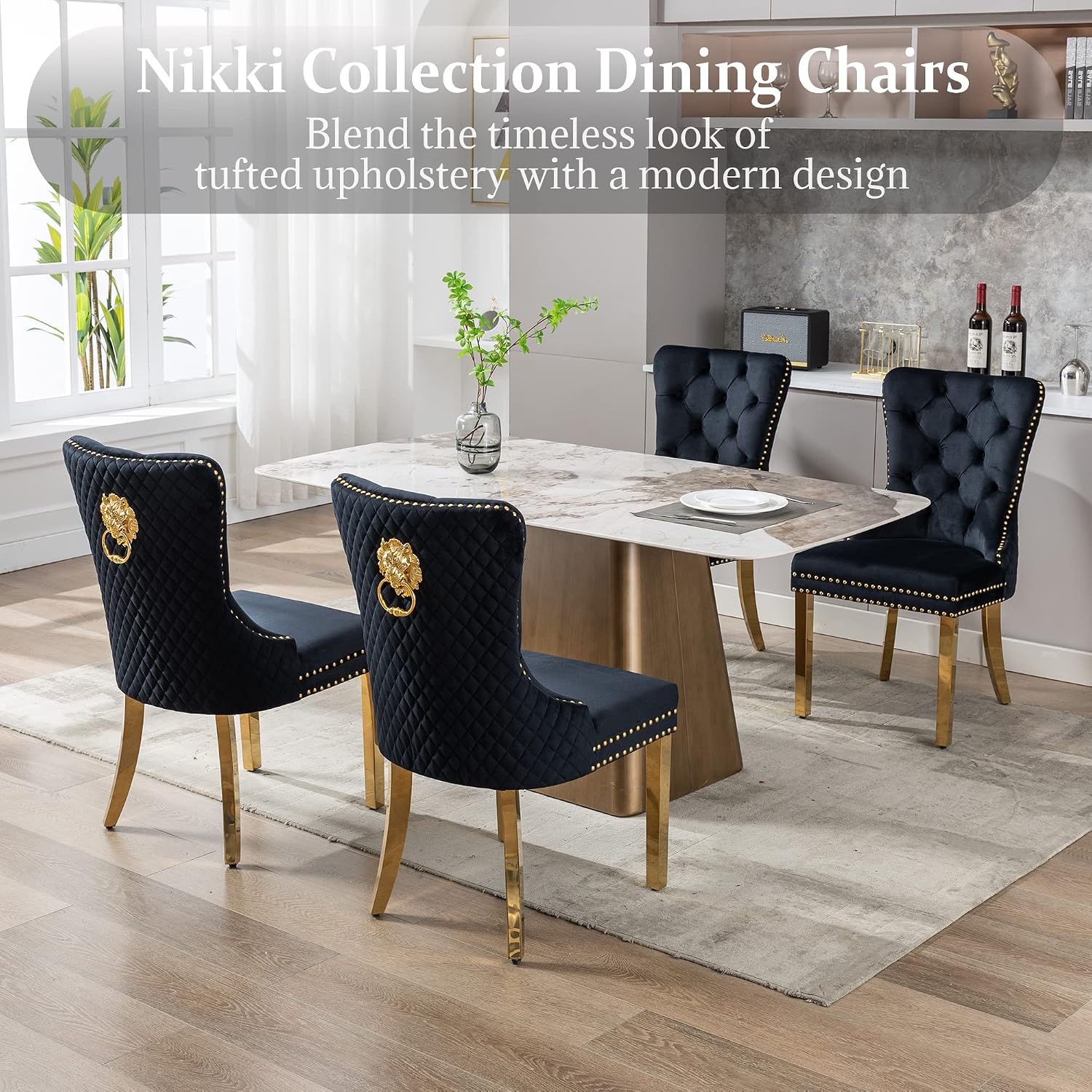civama Dining Chairs Set of 4, Elegant Luxury Velvet Tufted Dining Chairs Golden Legs & Nailhead Trim, Back Lion Head Pull Ring & Rhomboid Pattern, Nikki Collection Armless Kitchen Chair, Black