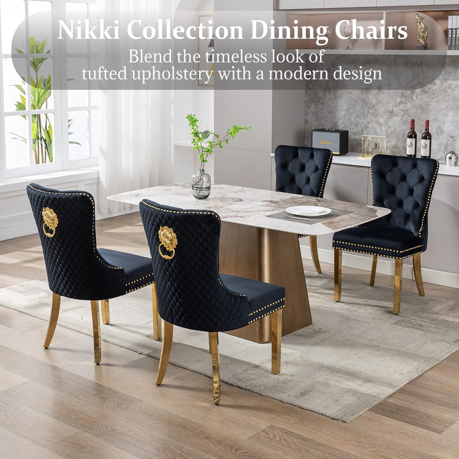 civama Dining Chairs Set of 2, Elegant Luxury Velvet Tufted Dining Chairs Golden Legs & Nailhead Trim, Back Lion Head Pull Ring & Rhomboid Pattern, Nikki Collection Armless Kitchen Chair, Black