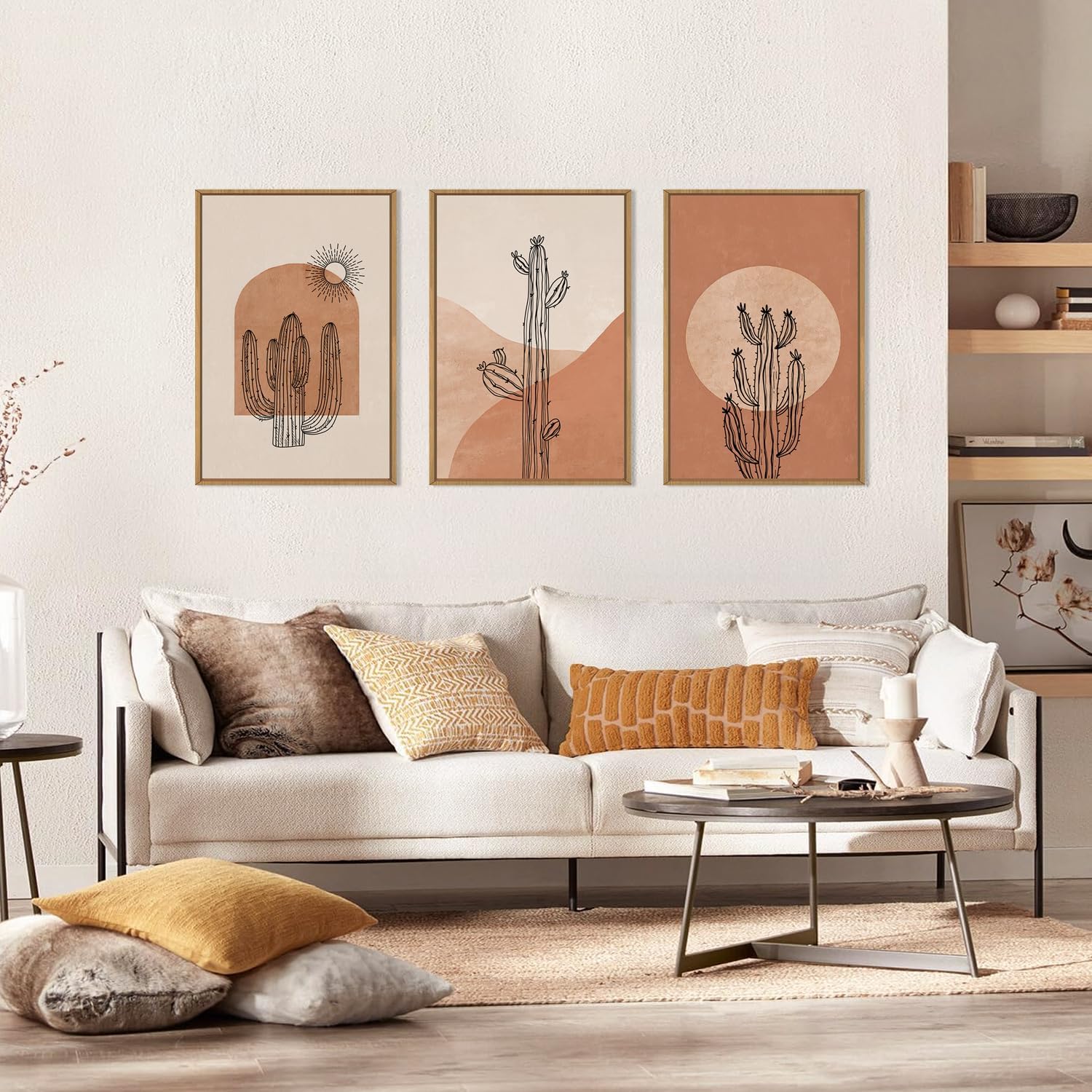 Ausril Boho Minimalist Cactus Framed Canvas Wall Art Set, Mid Century Saguaro Wall Decor, Abstract Geometric Desert Wall Painting, Beige Brown Plant Art Prints for Living Room, Bedroom, Office - 24'X36'X3