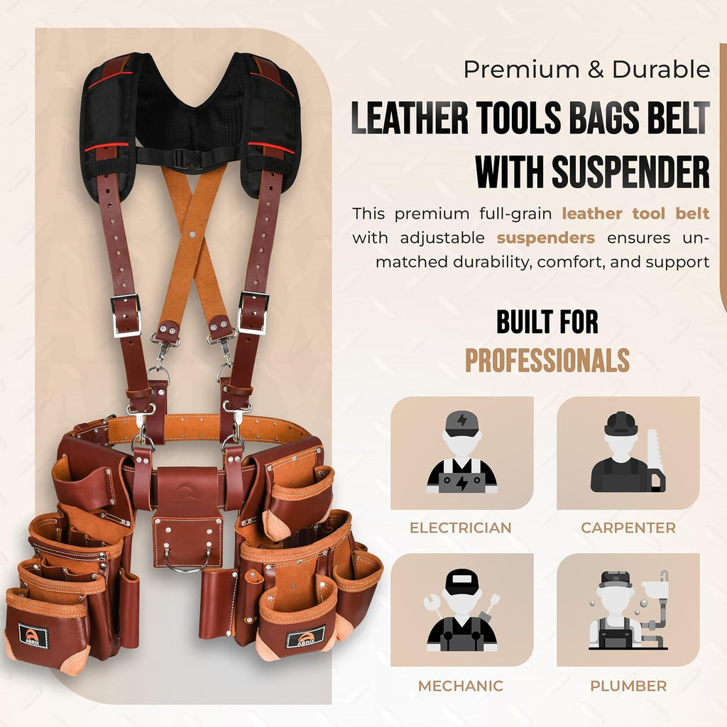 ABRIX Heavy Duty Tool Belt for Men – 4MM Thick Genuine Leather, Brass Buckle & Rivets | Foam Padded Comfort | 28-Pocket Carpenter & Framing Rig with Suspender | Work Belt Fit upto 32' to 52'