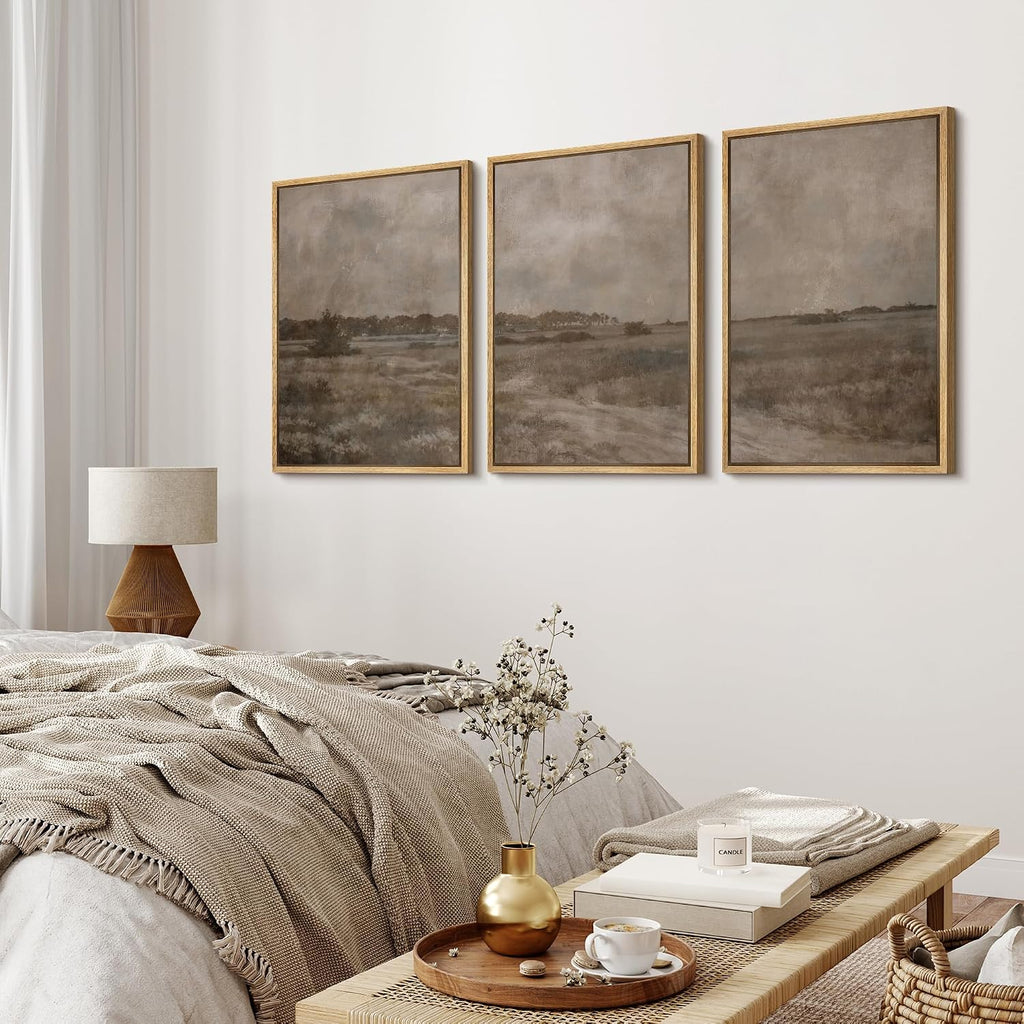 MUDECOR Framed Wall Art Print Set Vintage Neutral Countryside Landscape Rustic Field Path and Distant Trees Illustrations Modern Art Decorative for Living Room, Bedroom, Office - 24'x36'x3 NATURAL
