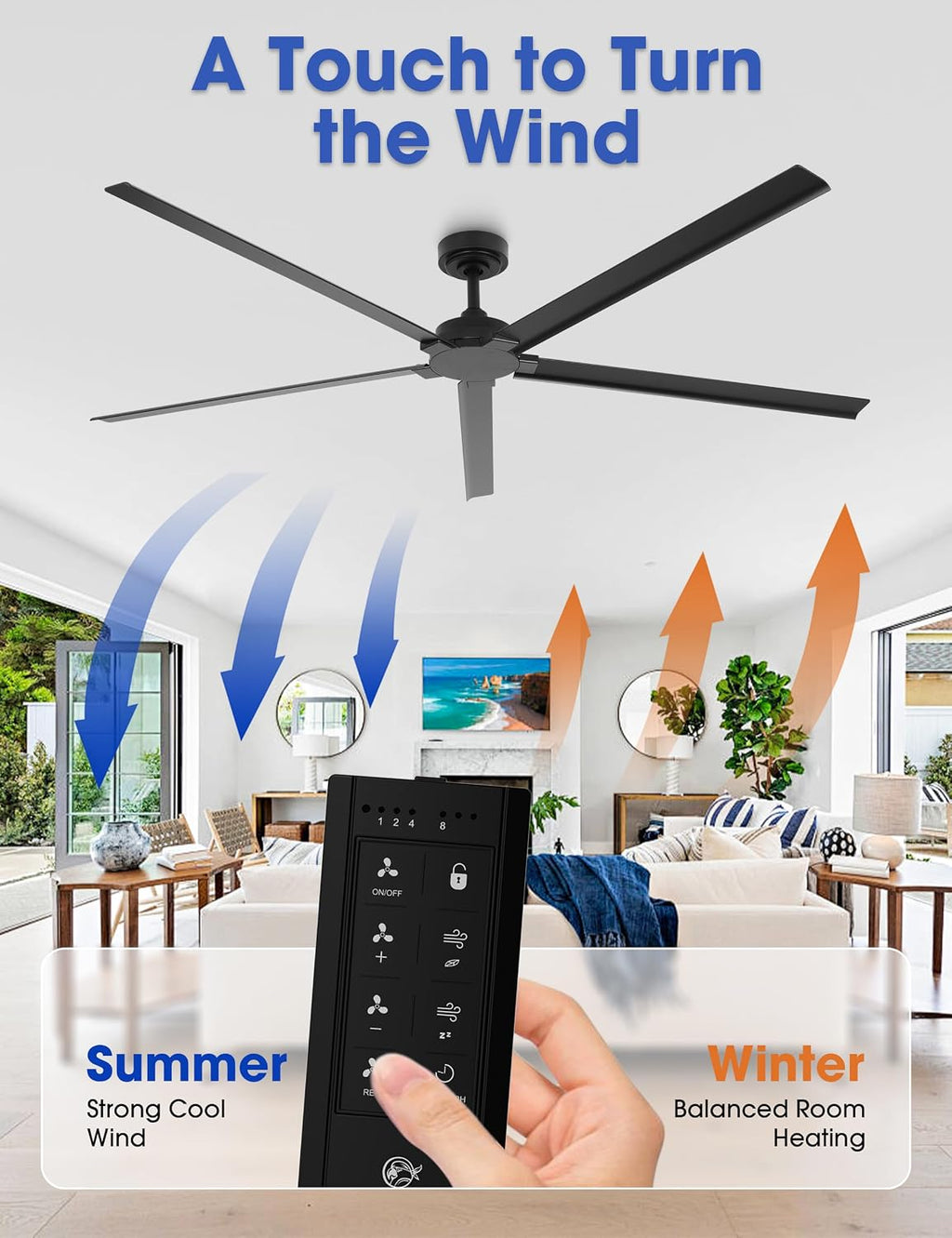 Waterproof Outdoor Ceiling Fans 72 Inch Black Industrial Ceiling Fans without Lights, DC Motor Large Ceiling Fan No Light with 5 Aluminum Blade, Reversible Airflow for Patio Porch Garage Living Room