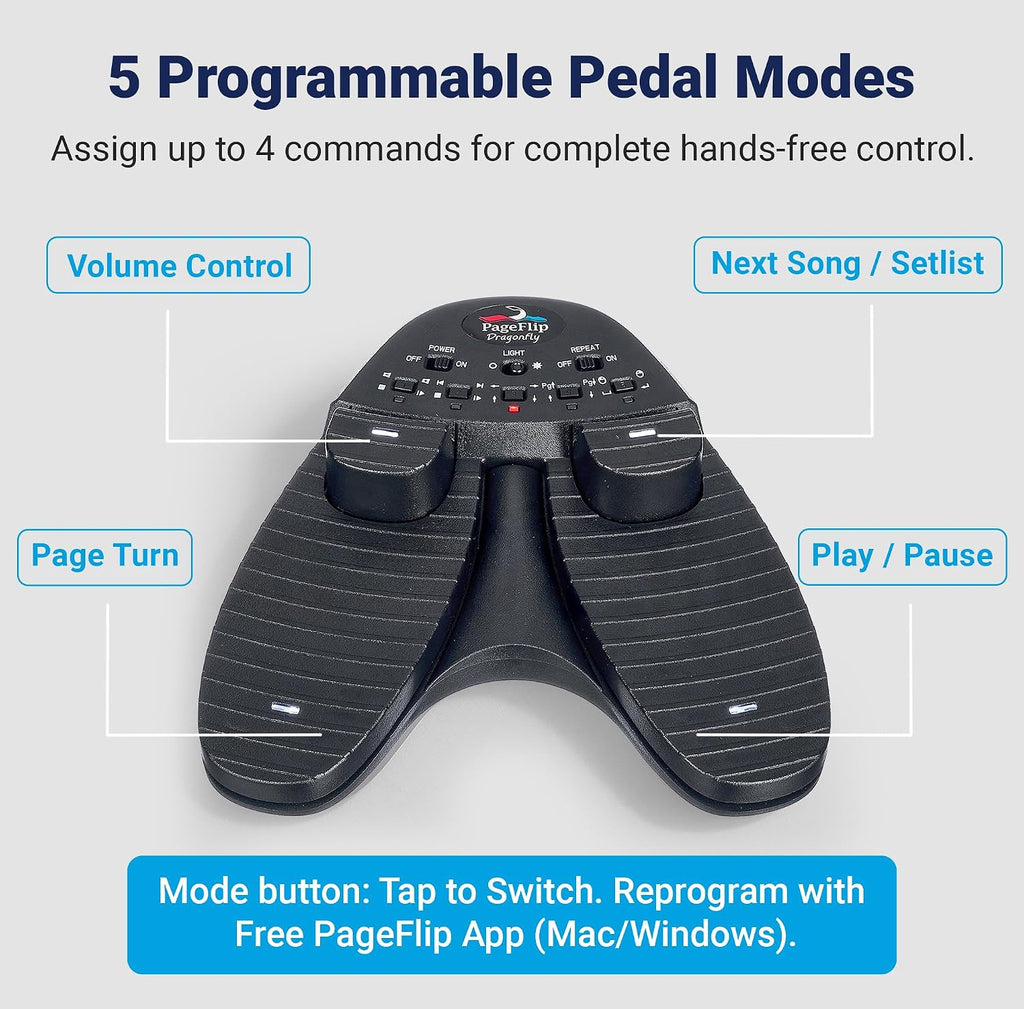 PageFlip Dragonfly Bluetooth Page Turner Pedal – 4-Pedal Silent Foot Pedal for iPad, Android & PC – Hands-Free Sheet Music Control – Works with forScore, OnSong, MobileSheets & 100+ Music Apps