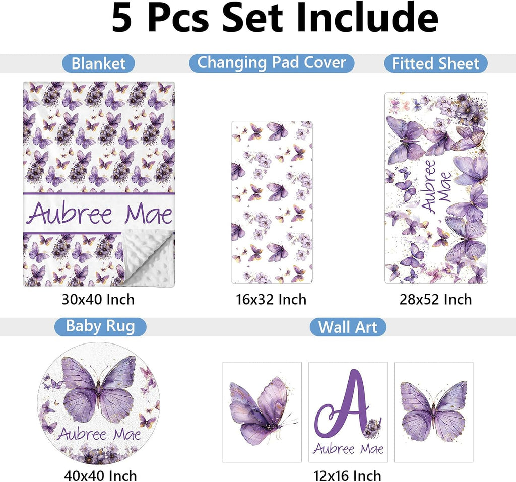 KAINSY Custom Crib Bedding Set 5 Pcs for Baby Girls – Personalized Purple Butterfly Theme, Newborn Sleep Set, Nursery Decor, Toddler Room Essentials, Infant Sleep, Baby Room Accessories, Baby Gift