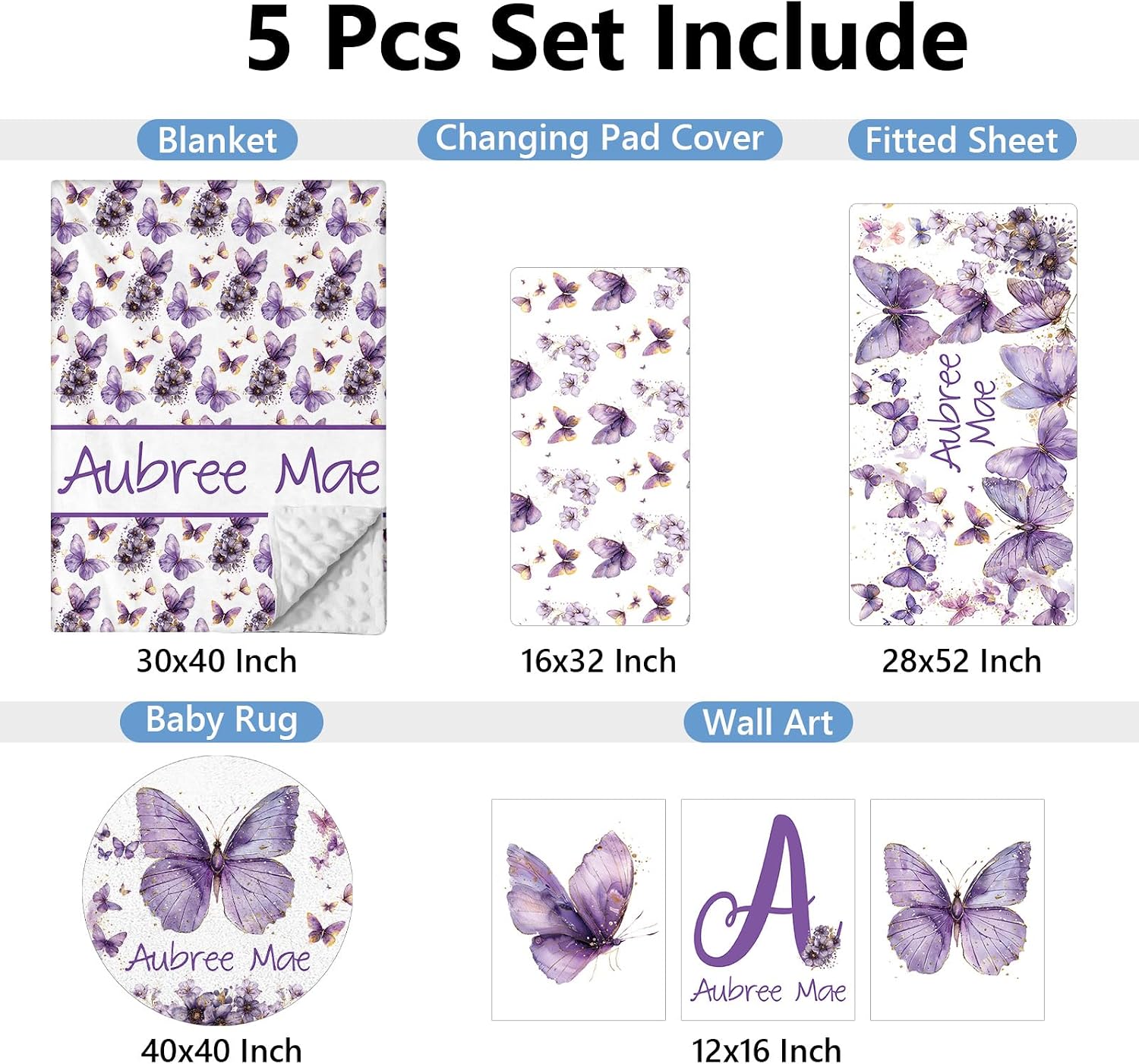 KAINSY Custom Crib Bedding Set 5 Pcs for Baby Girls – Personalized Purple Butterfly Theme, Newborn Sleep Set, Nursery Decor, Toddler Room Essentials, Infant Sleep, Baby Room Accessories, Baby Gift