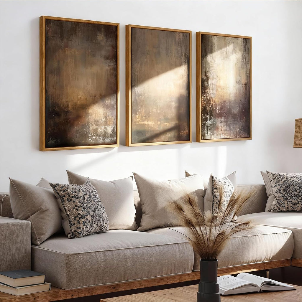 Vaskuro Extra Large Framed Art, Handmade Textured Canvas Paintings, Neutral Abstract Brown Wall Decor for Living Room, 3 Pcs,24x36In, Modern Minimalist Cozy Artwork for Bedroom