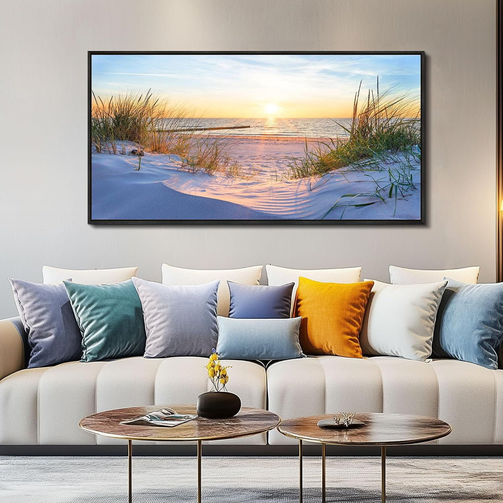 MHARTK66 Canvas Wall Art For Living Room Large Wall Decor For Office Bedroom Poster Art Prints Sun Seascape Wall Painting Blue Ocean Pictures Artwork For Walls Black Wood Framed 24' X 48'