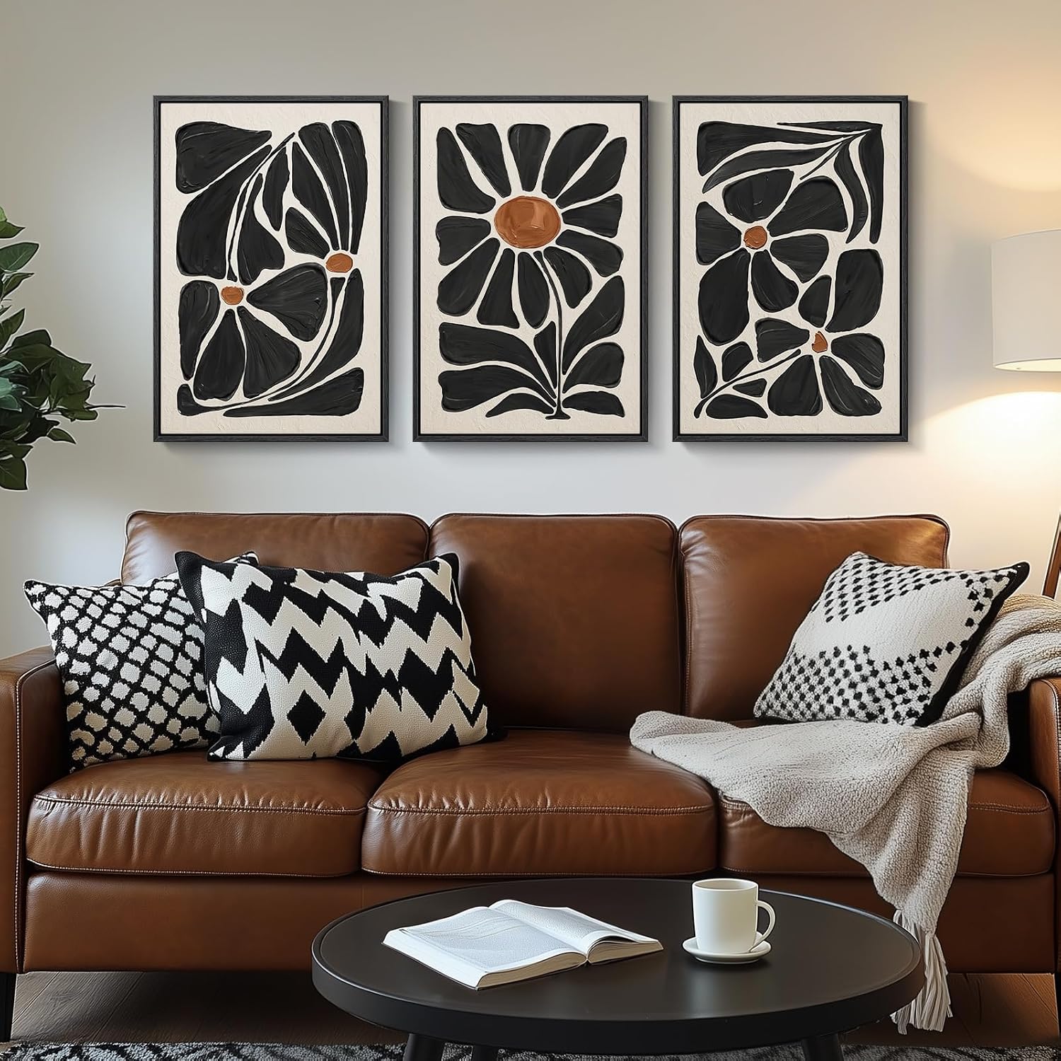 Large Framed Black and White Boho Floral Wall Art, 3 Piece Vintage Botanical Artwork for Walls, Bohemian Flowers Canvas Prints for Living Room Bedroom Hallway Office Home Decor, Total 30x60 Inch