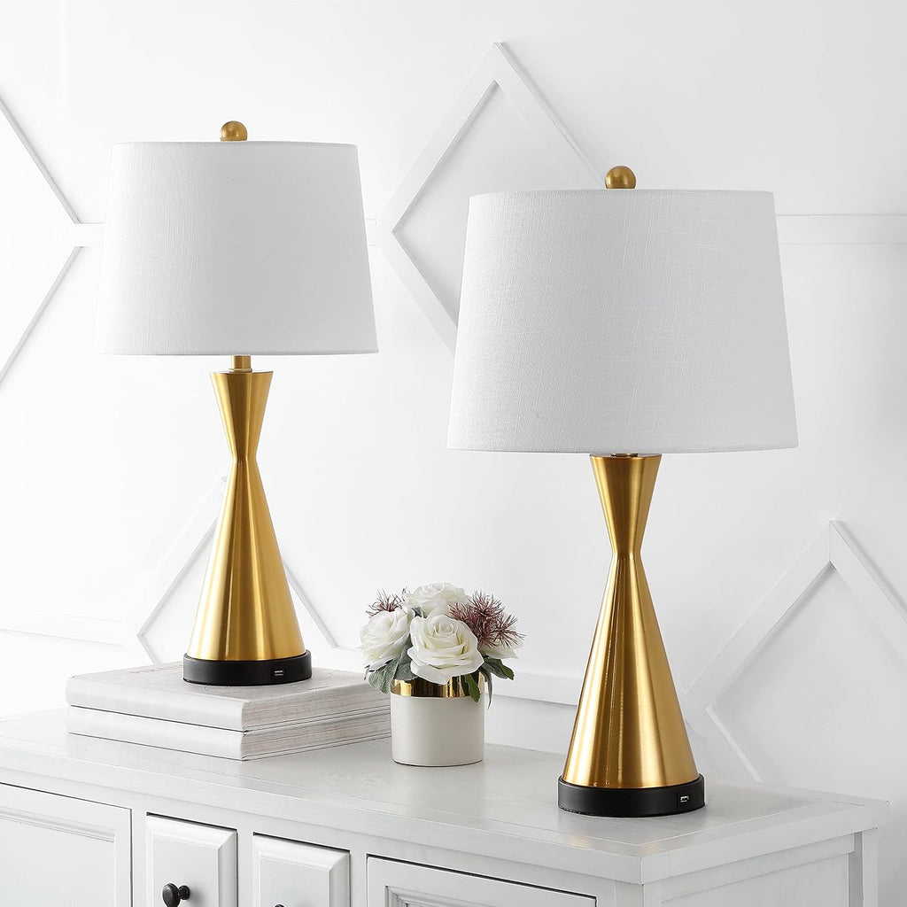 JONATHAN Y 26' Brass Gold Classic Iron LED Table Lamp with USB Port, Set of 2 for Bedroom, White Linen Shade, Farmhouse Midcentury Modern Bedside Nightstand Lamps, LED Bulbs (JYL4046B-SET2)