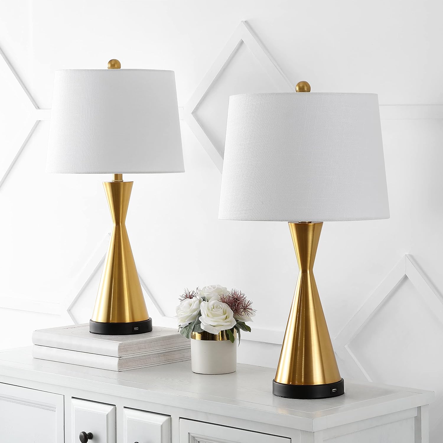 JONATHAN Y 26' Brass Gold Classic Iron LED Table Lamp with USB Port, Set of 2 for Bedroom, White Linen Shade, Farmhouse Midcentury Modern Bedside Nightstand Lamps, LED Bulbs (JYL4046B-SET2)