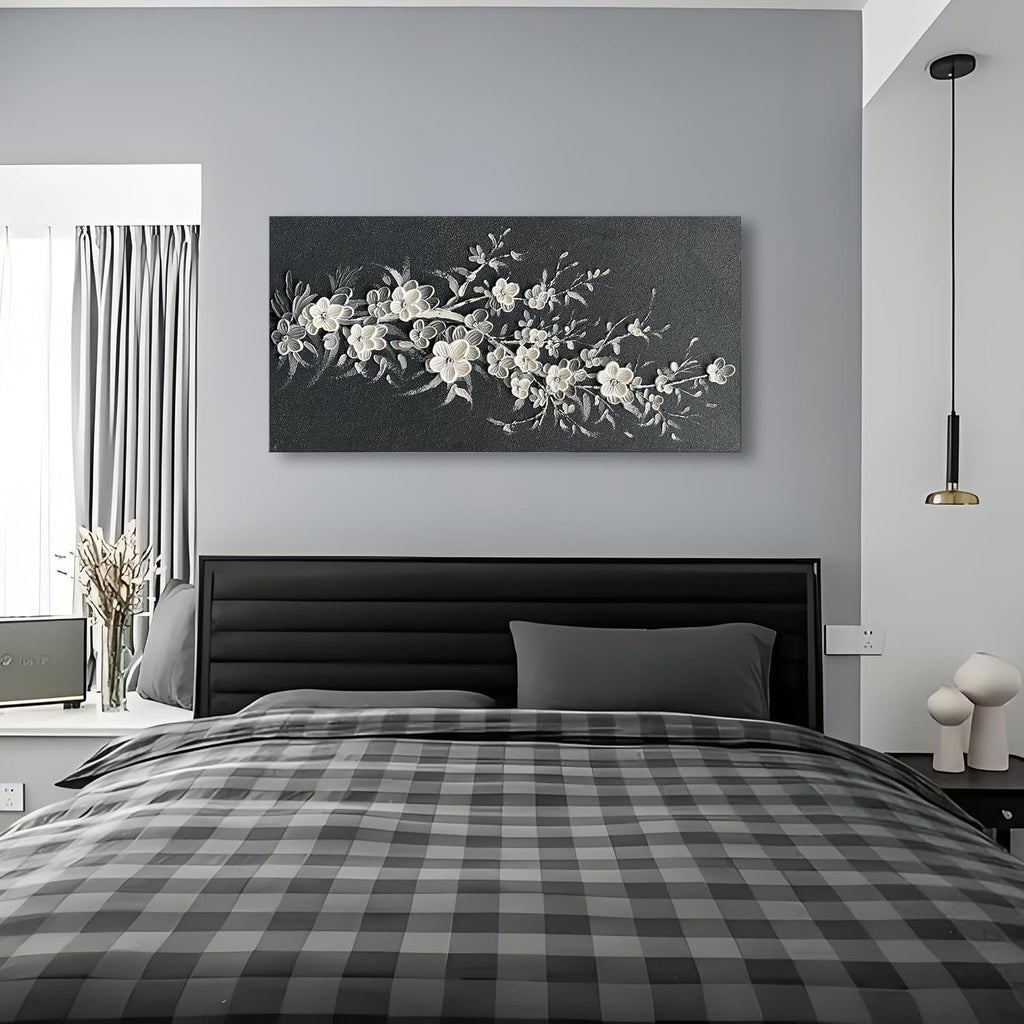 Hand Painted Modern Black and White Art Oil Painting White Plum Blossom Painting 24x48 inch Canvas Wall Art Home Wall Decorative Art
