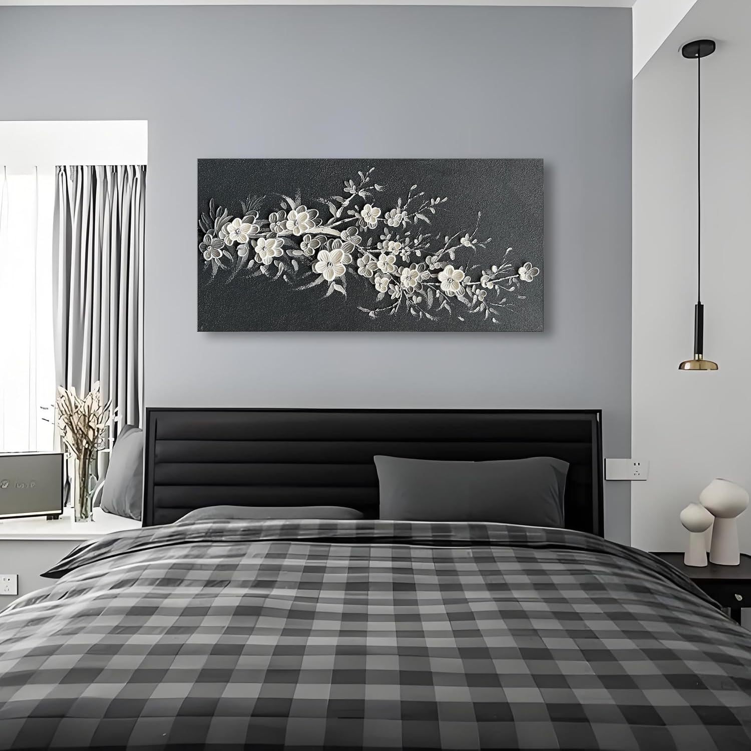 Hand Painted Modern Black and White Art Oil Painting White Plum Blossom Painting 24x48 inch Canvas Wall Art Home Wall Decorative Art