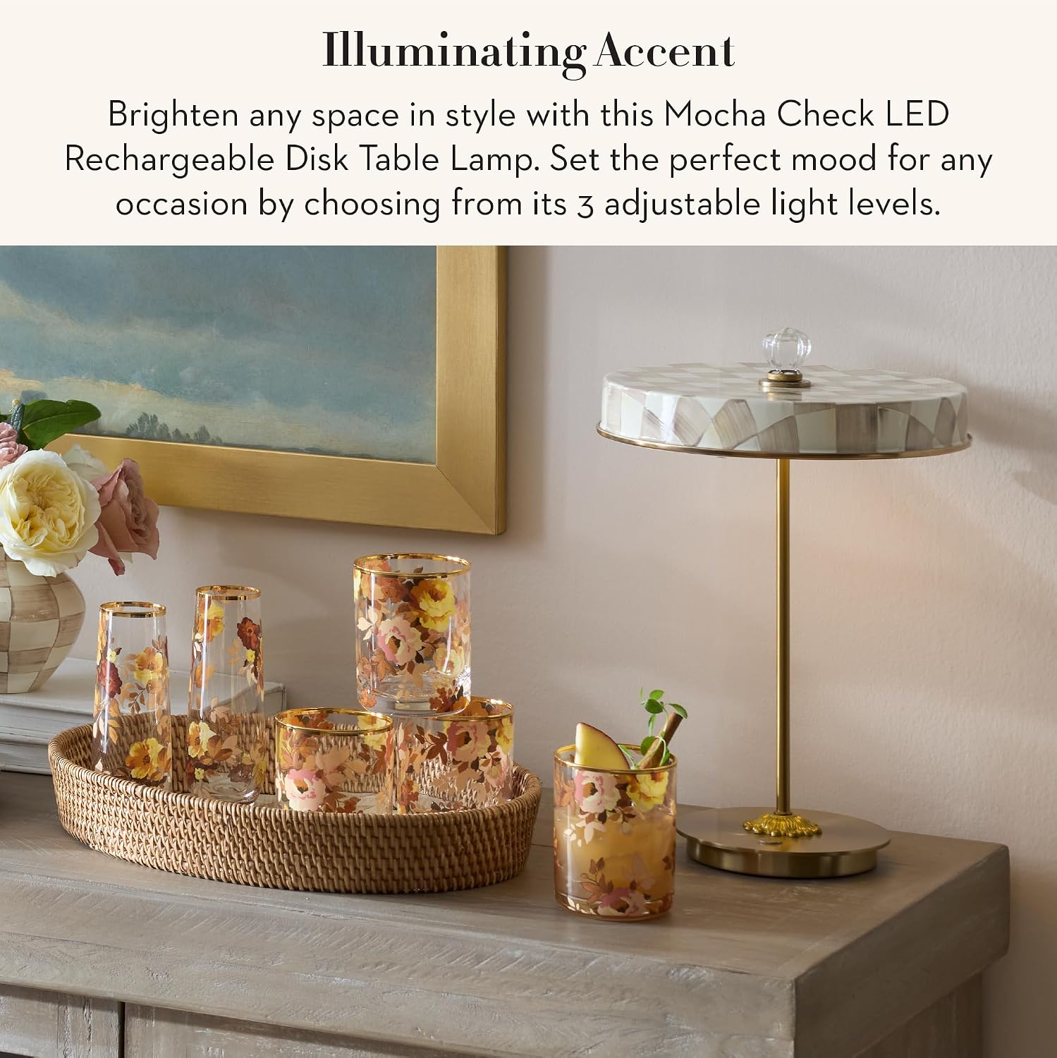 MACKENZIE-CHILDS LED Rechargeable Disk Table Lamp, Cordless Touch Lamp, Brown-and-White Mocha Check