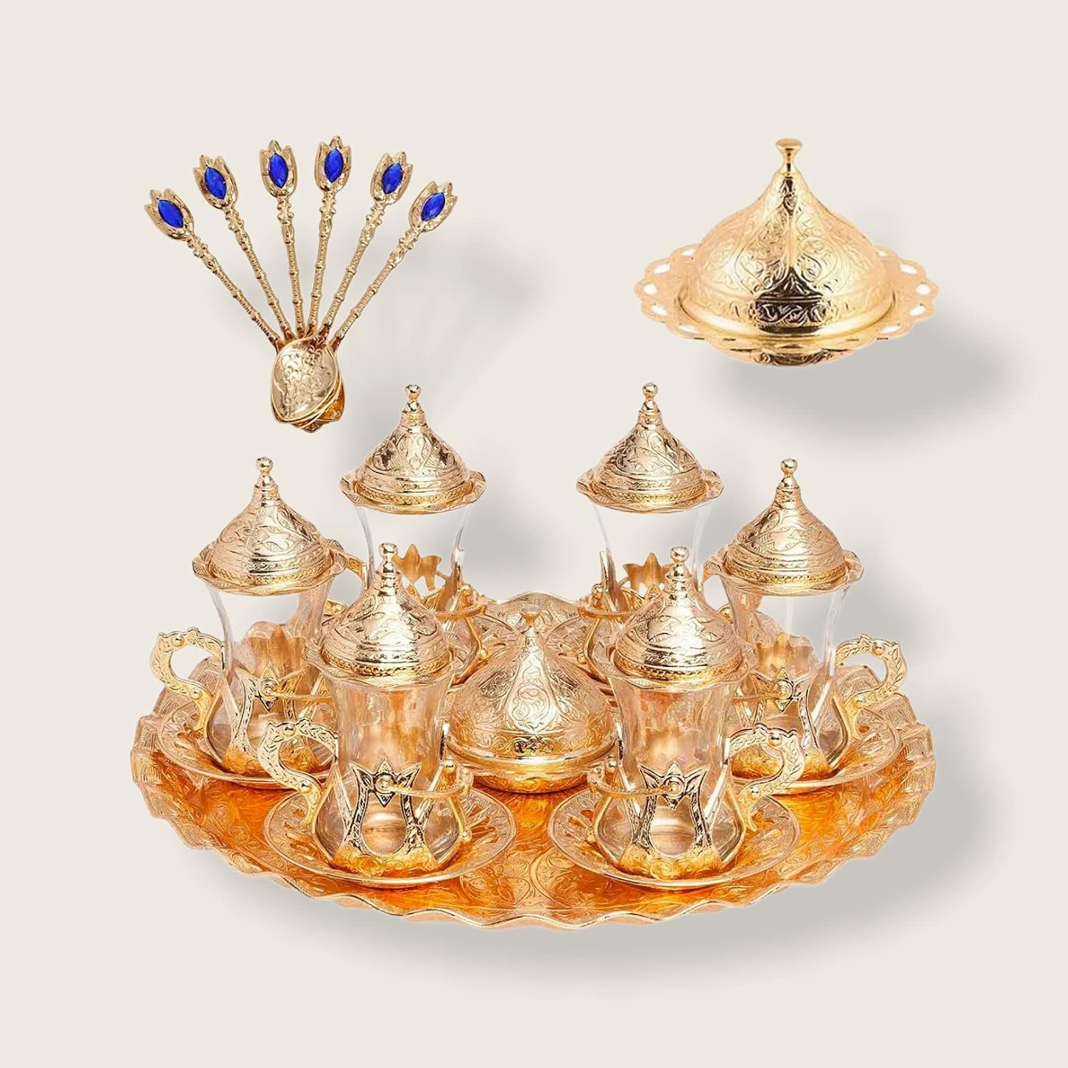 Alisveristime Handmade Turkish Tea Water Zamzam Serving Set Glasses Saucer, Tray and Spoon (Gold)