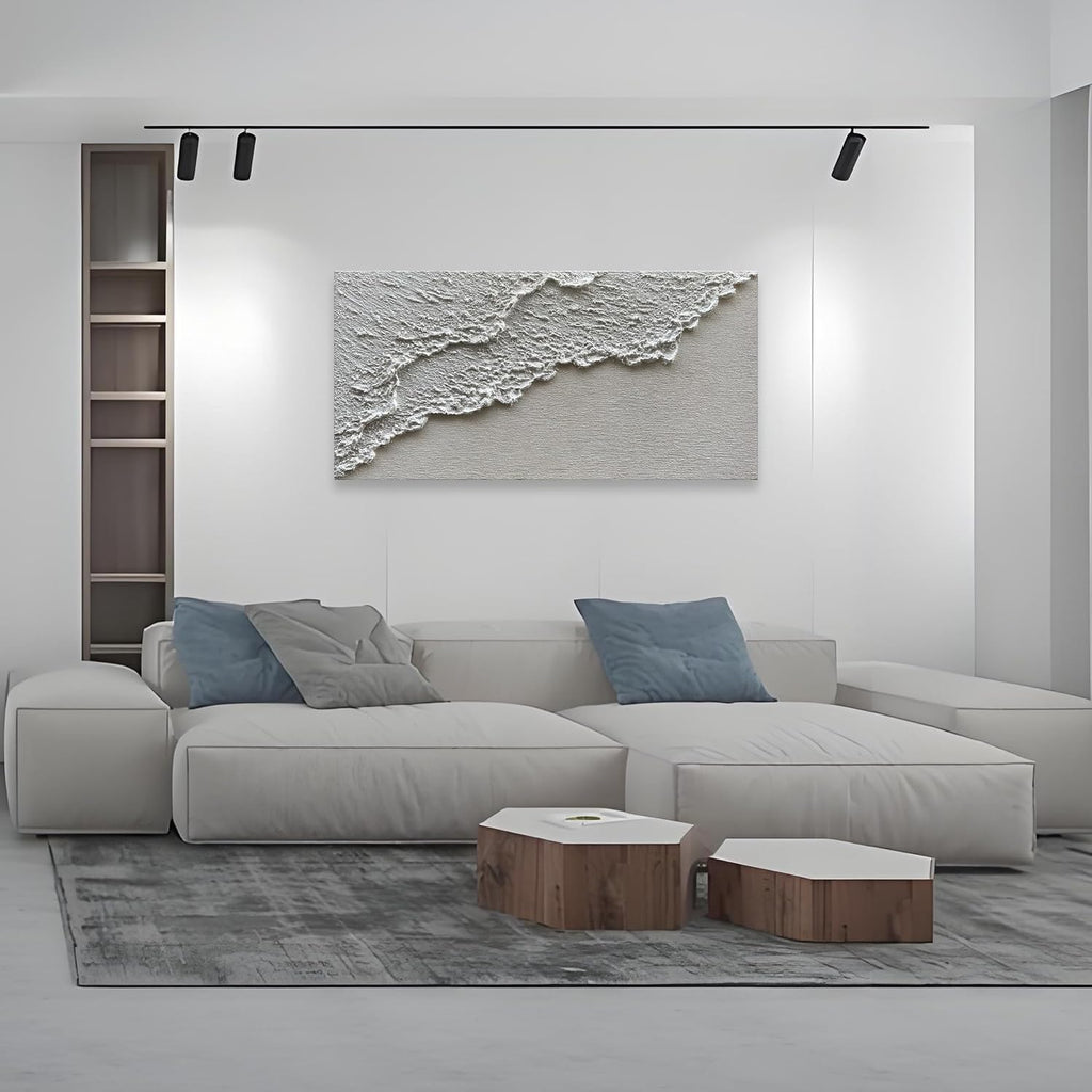 Hand Painted White Art Oil Painting Waves Abstract Canvas Painter House Wall Art Deco 24x48 inches