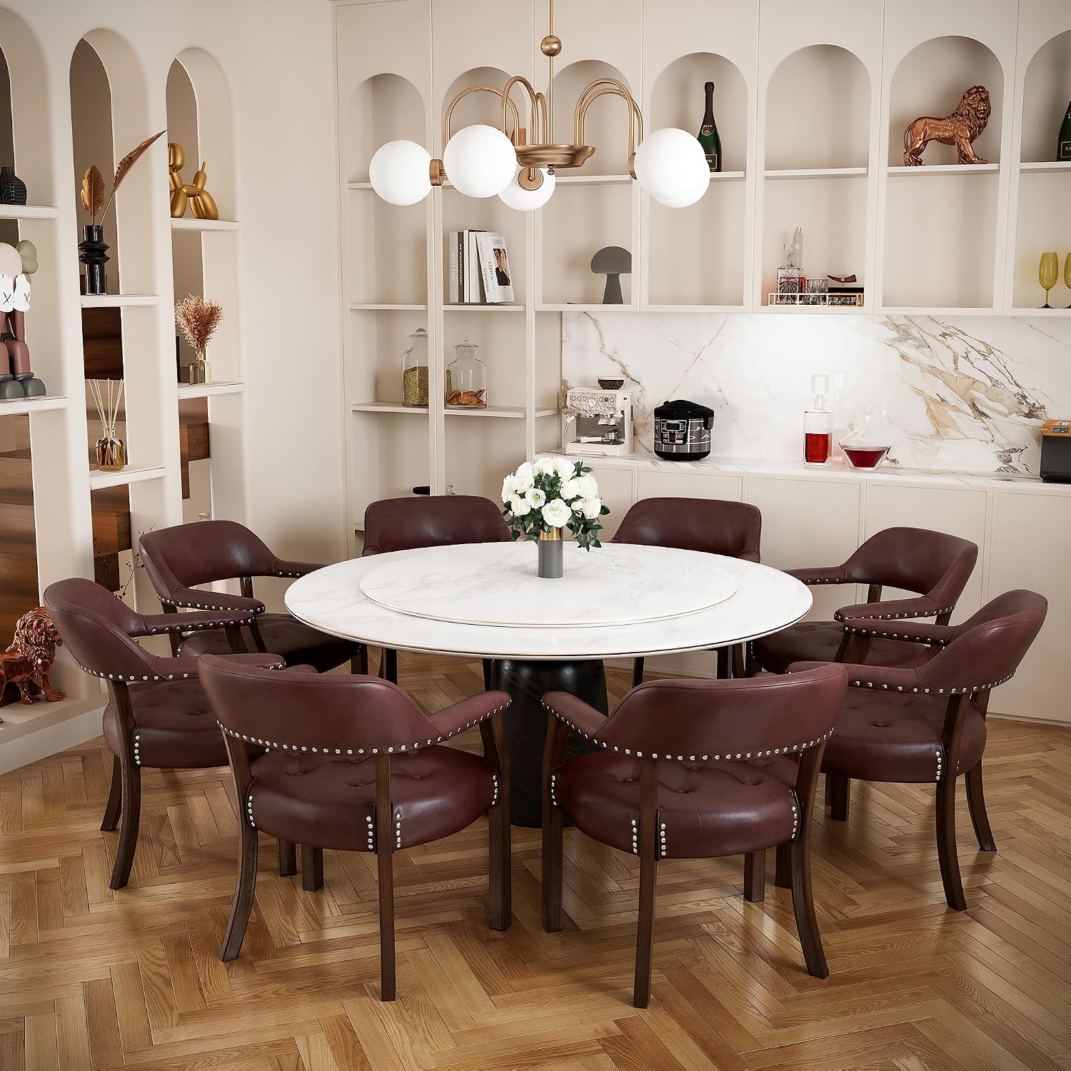 Dining Chairs with Upholstered and Arms,Office Desk Chair with Metal Rivets. PU Boss Captain's Chairs,Classic Accent Stools for Dining Room, Bedroom Brown Legs & Wine Red NX173-318WR