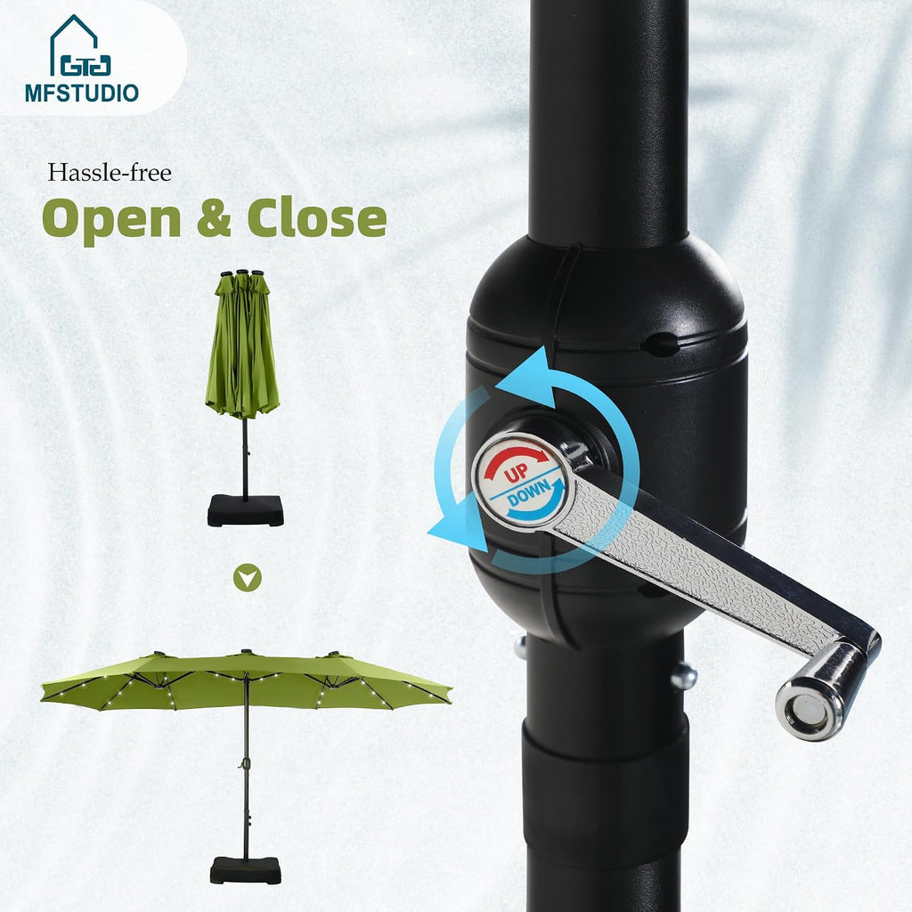 MFSTUDIO 15ft Double Sided Patio Umbrella with Solar Lights, Outdoor Large Umbrellas with Crank Handle and 36 LED Lights, Rectangular Market Umbrella with Base Included for Deck Pool Shade, Lime Green
