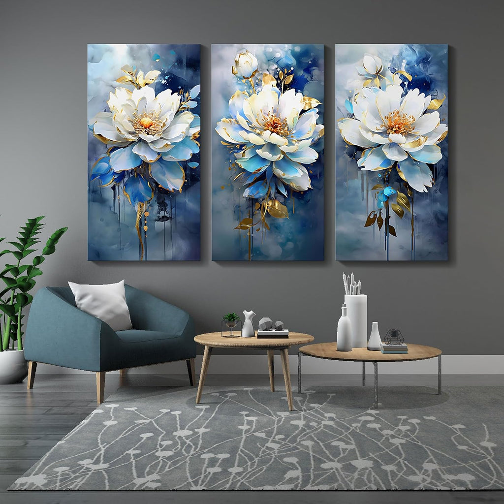 AJAZIKO Navy Blue Wall Art - Modern Abstract Flower Canvas Art - 3 Piece Set - 20x40IN - For Living Room & Bedroom