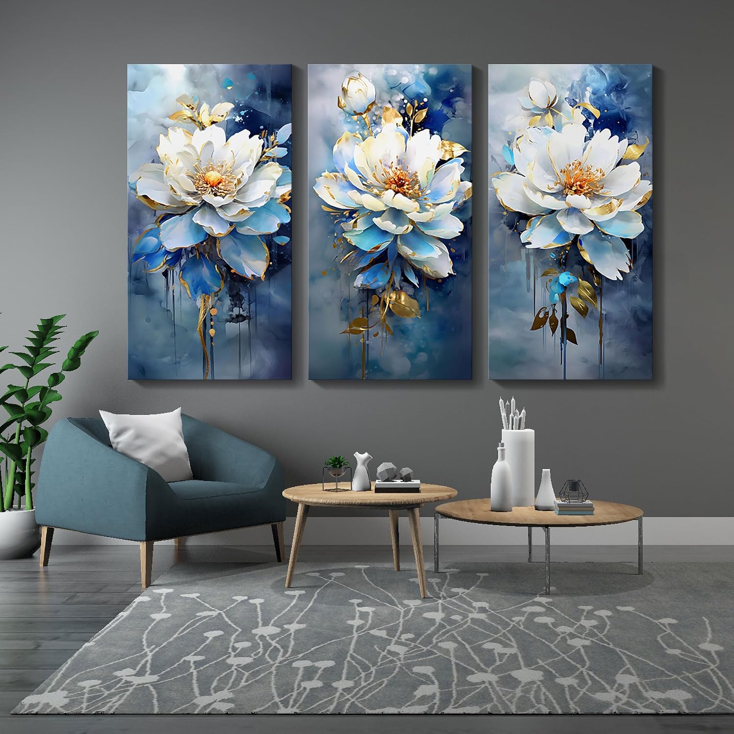 AJAZIKO Navy Blue Wall Art - Modern Abstract Flower Canvas Art - 3 Piece Set - 20x40IN - For Living Room & Bedroom