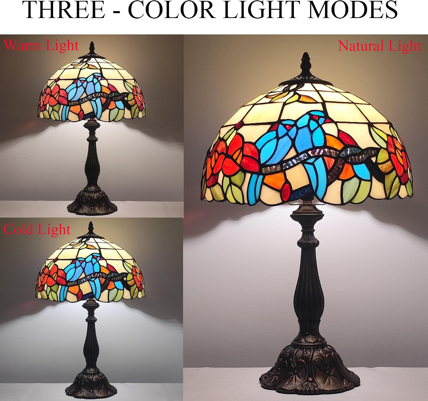 Tiffany 3-Color Stained Glass Lamp - Vintage Beside Reading Lamp, 12 inch Living Room Light, Flowers Style Antique Nightstand Light (Brids Flowers)