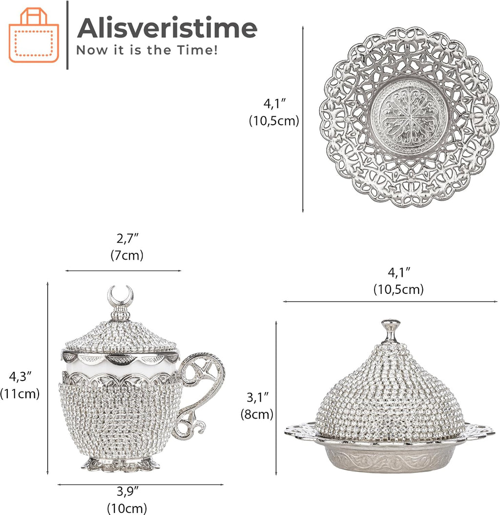 Alisveristime 27 Pc Ottoman Turkish Greek Arabic Coffee Espresso Serving Cup Saucer Crystal Set (Gelincik) - Handcrafted Traditional Set with Hilal Motifs (Silver)