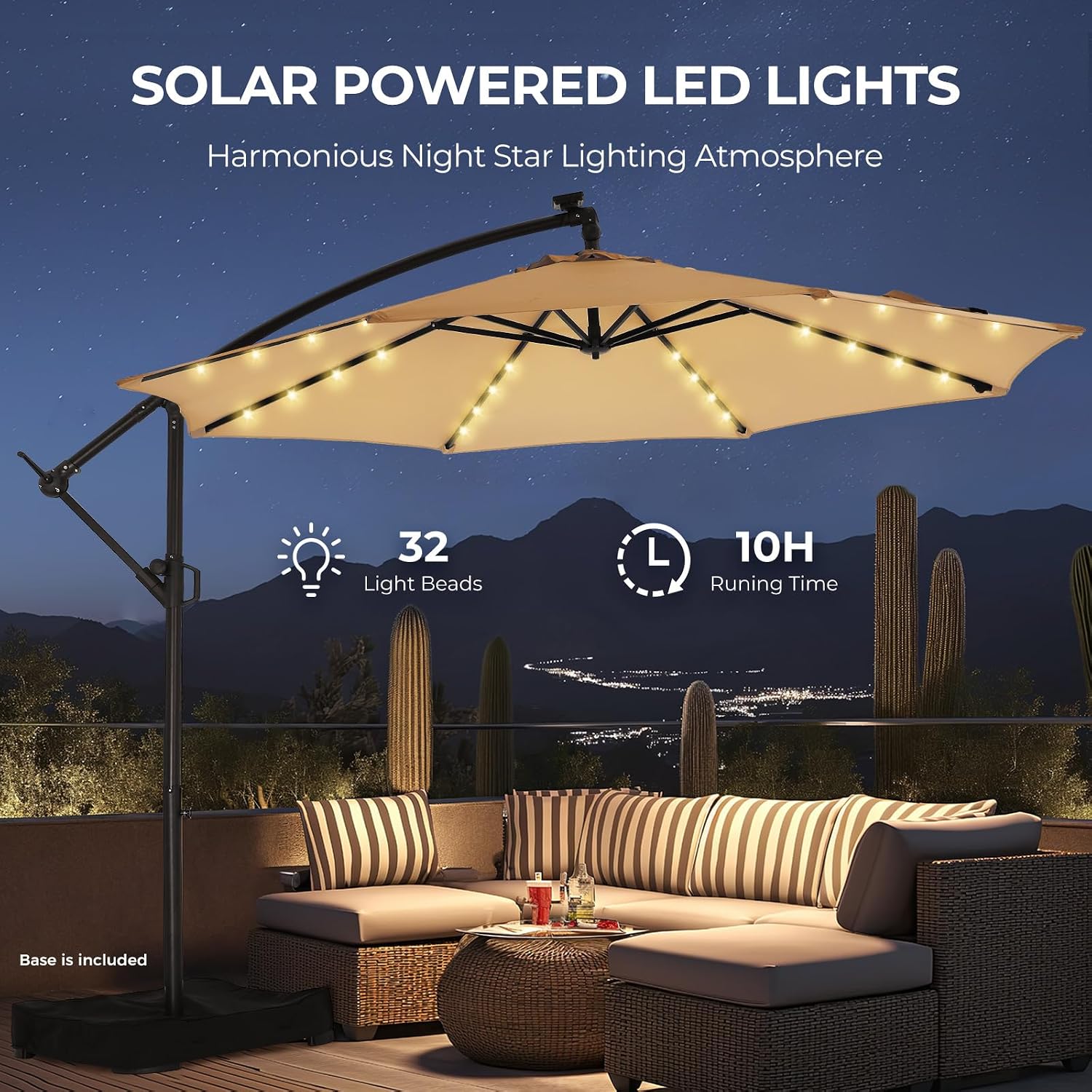 HOMSHADE 10ft Solar Lights Offset Cantilever Patio Umbrella - with Light and Base, LED Lighted Offset Hanging Patio Outdoor Market Umbrella UPF50+ UV Protection with Easy Tilt and Crank (Beige)